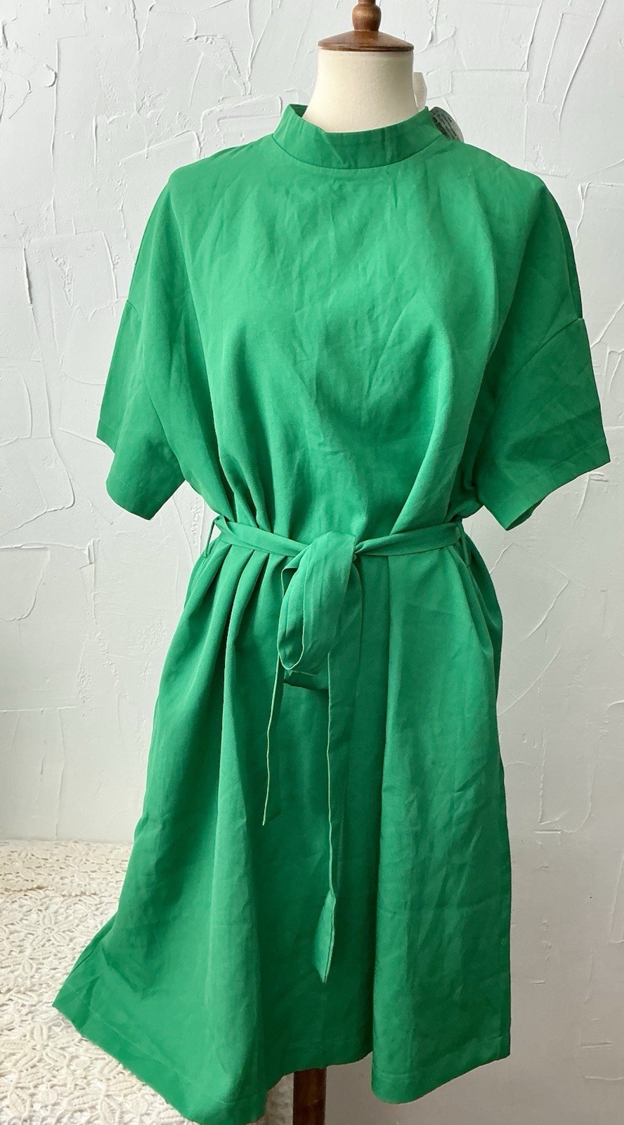Callimoda Green Dress 1XL Full Back Zip Belted High Neck Short Sleeve Flowy