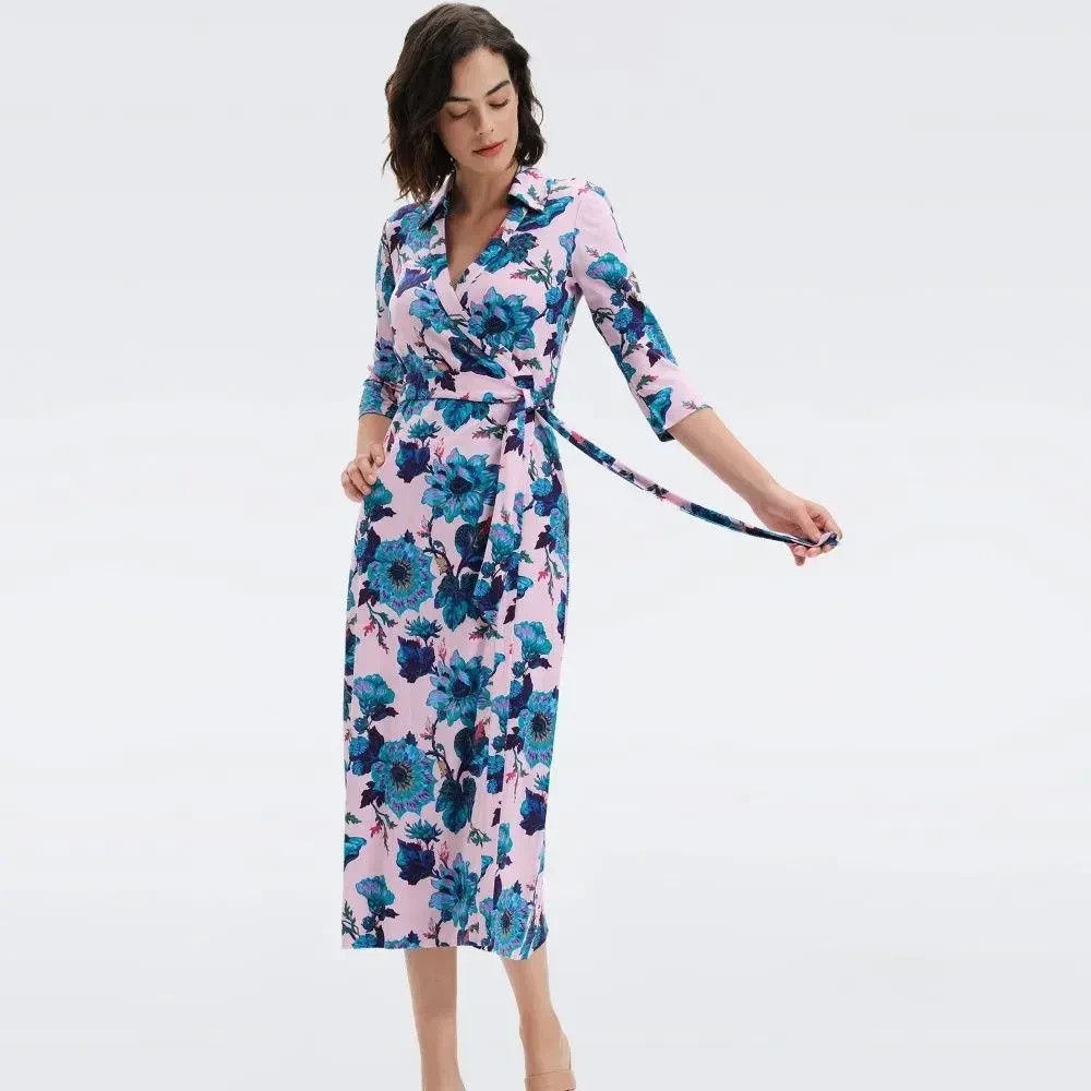 Diane von Furstenberg Abigail Silk Jersey Midi Wrap Dress XL Floral Pink