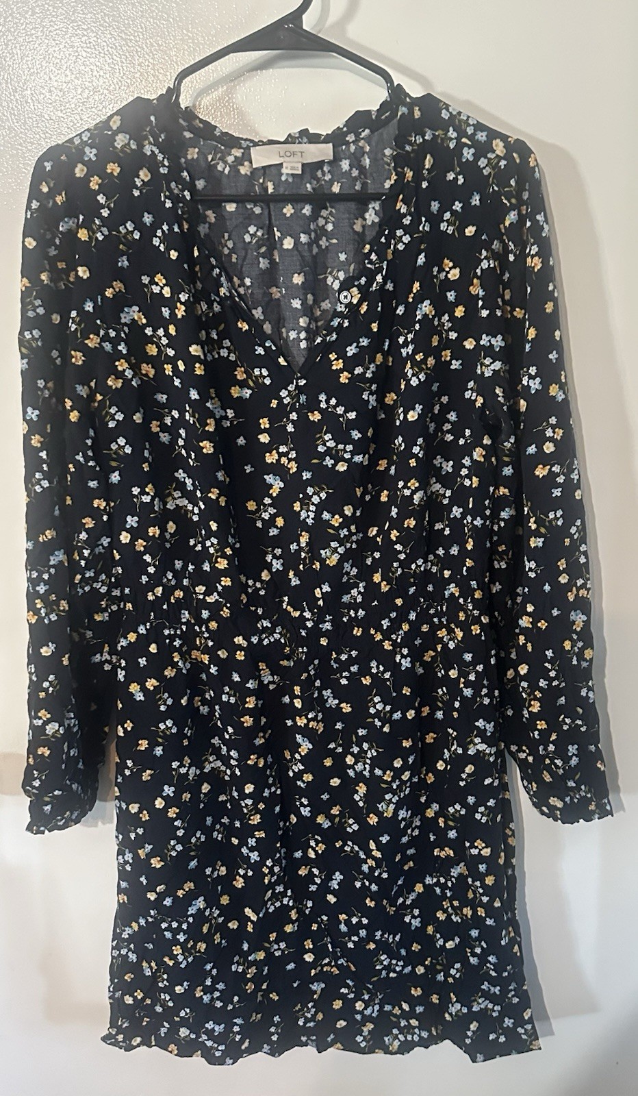 LOFT Women’s Floral V-Neck Long Sleeve Button Ruffle Short Dress, Size M