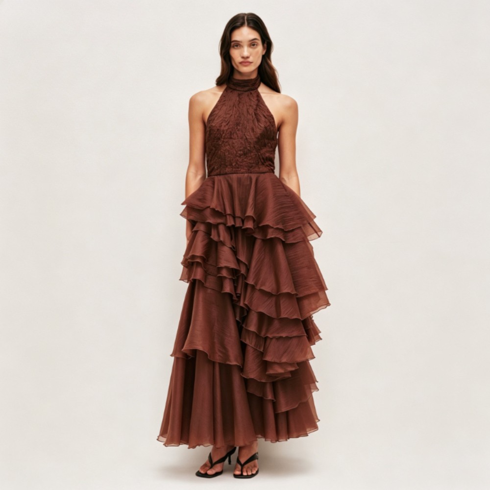 Chocolate Brown Halter Tiered Ruffled Chiffon Maxi Gowns Formal Evening Dresses