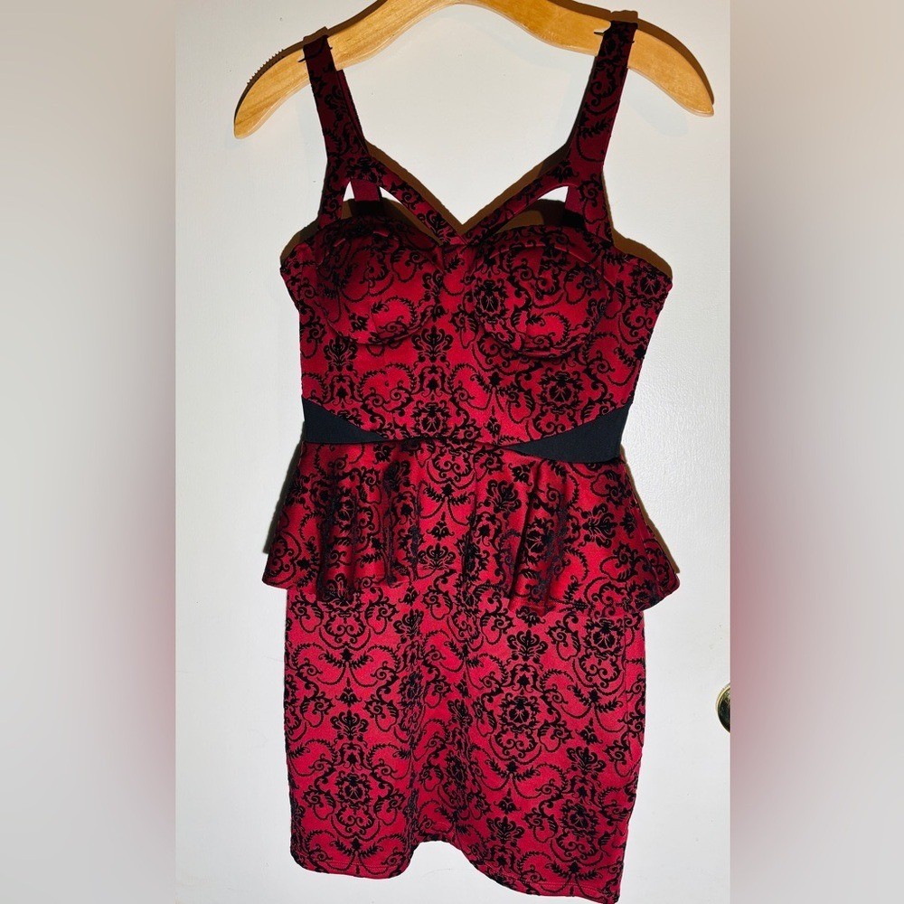 Material Girl Red Black Damask Peplum Dress Size M