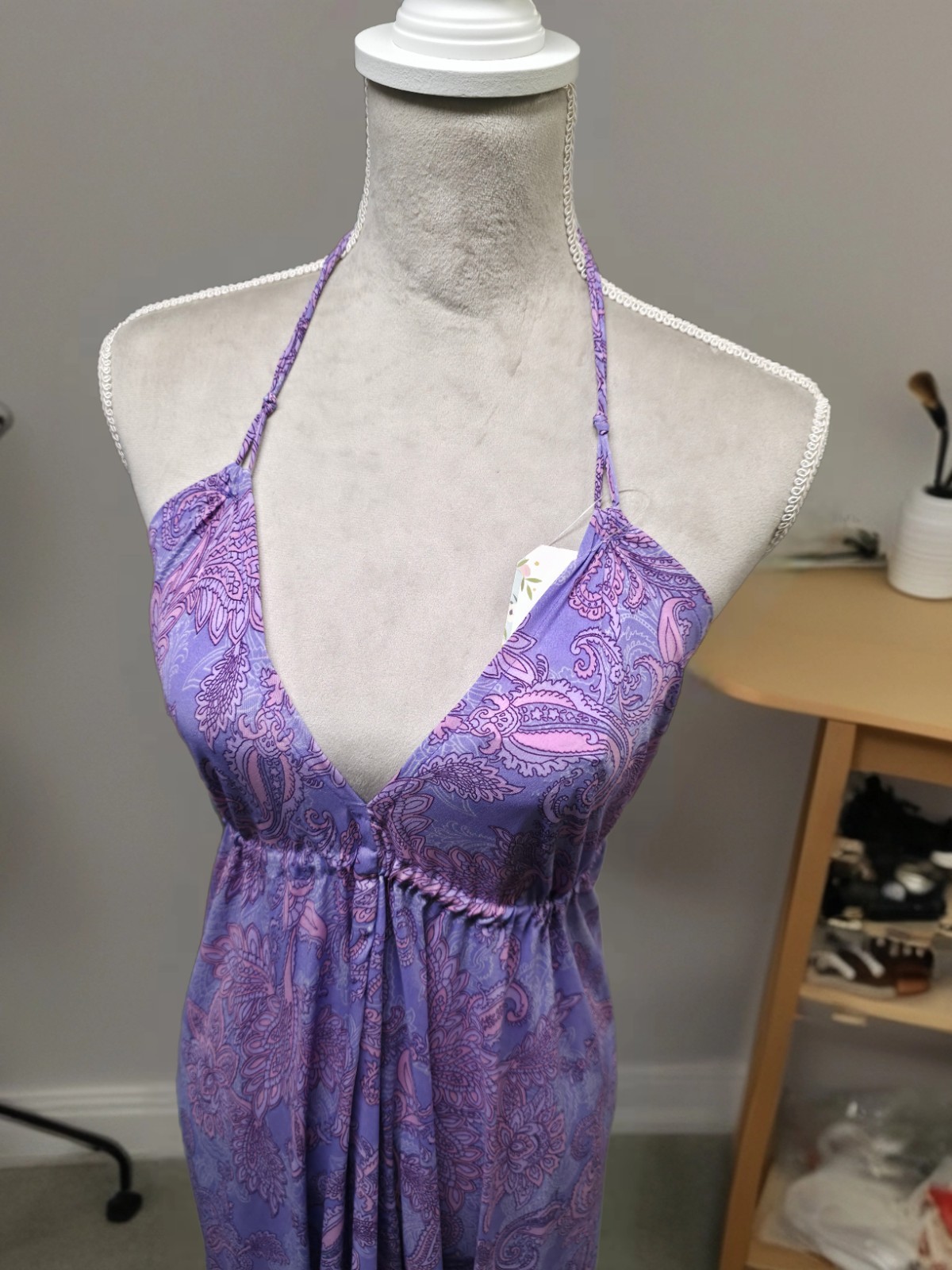 Boho Maxi Dress Tiered Ruffles,V-Neck,Floral Patchwork, Natural Silk,Handmade