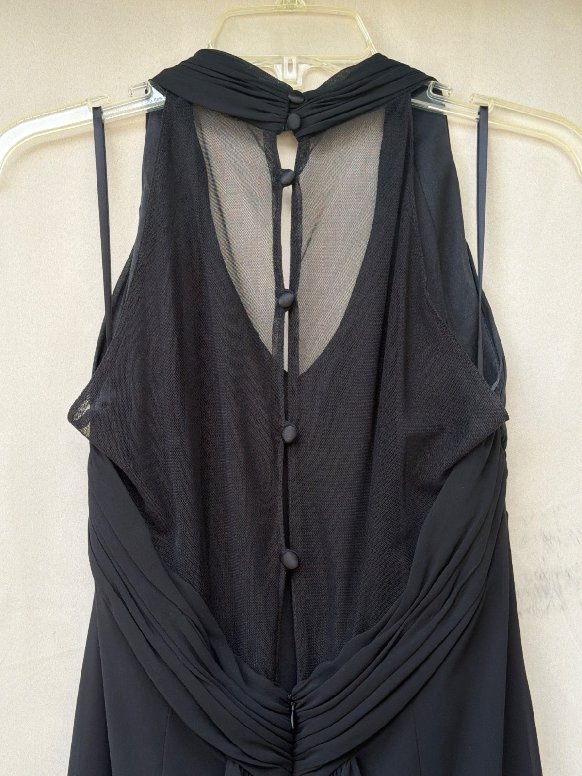 Black Sleeveless Chiffon Dress With Sheer Back & Tiered Ruffle Accent Mid-Length