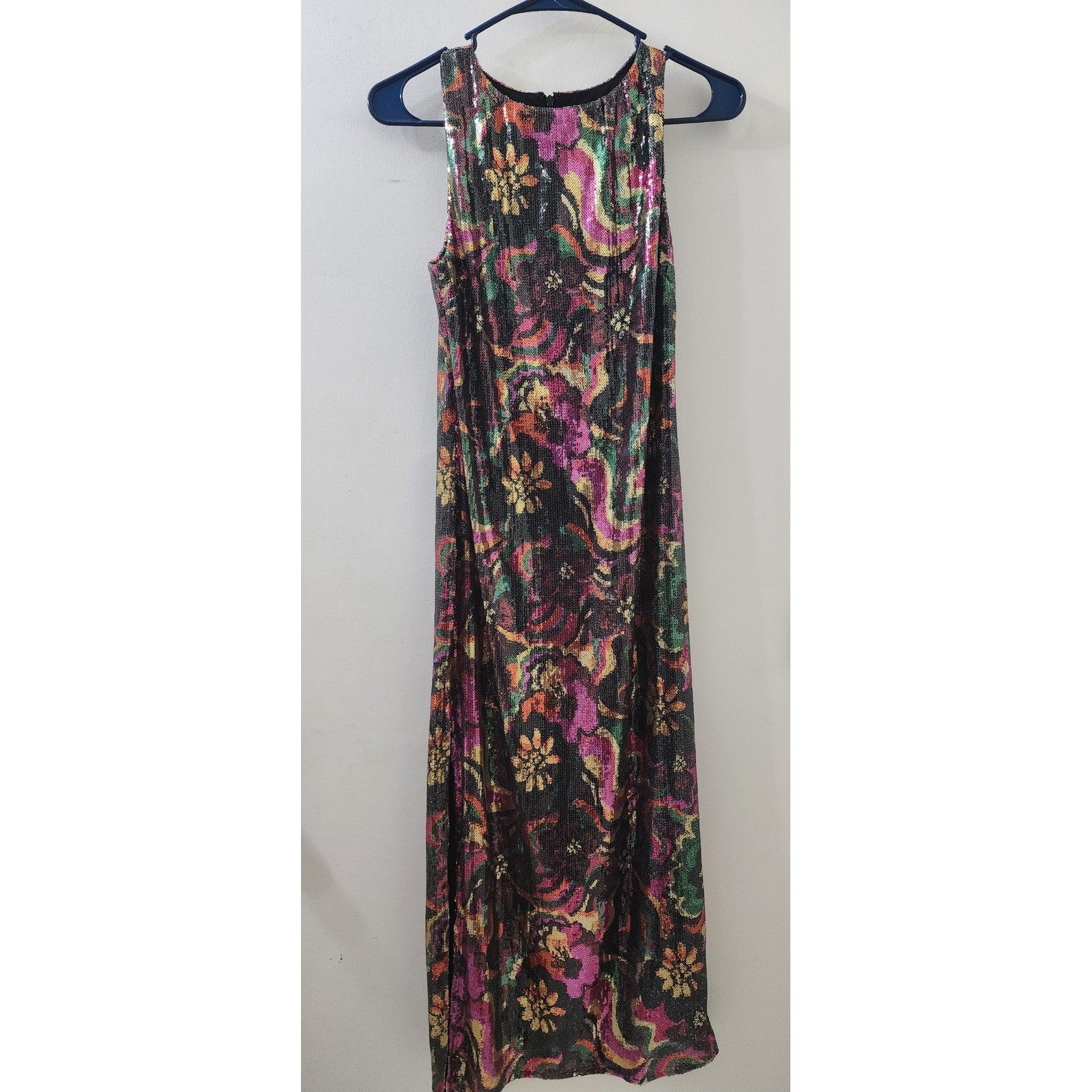 MISA Los Angeles Sequin Floral Maxi Dress Multi Color Sleeveless Gown Slit