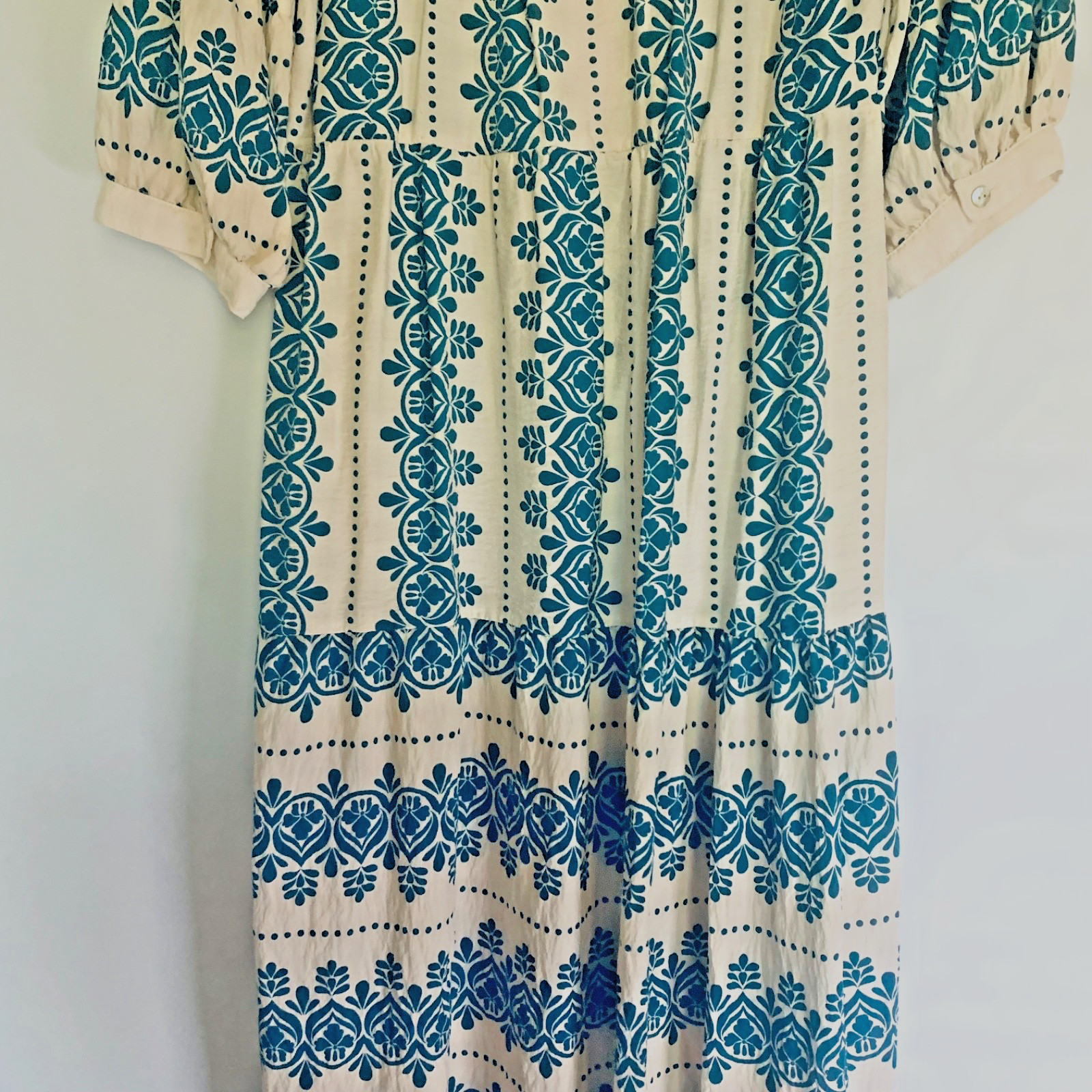 Figueroa & Flowers Dress Size Large Tiered 3/4 Sleeves Boho Teal Blue and Ivory