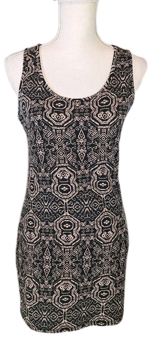 AMBIANCE APPAREL SzL Sleeveless Knit Bodycon Dress Tribal Aztec Boho Taupe/Black