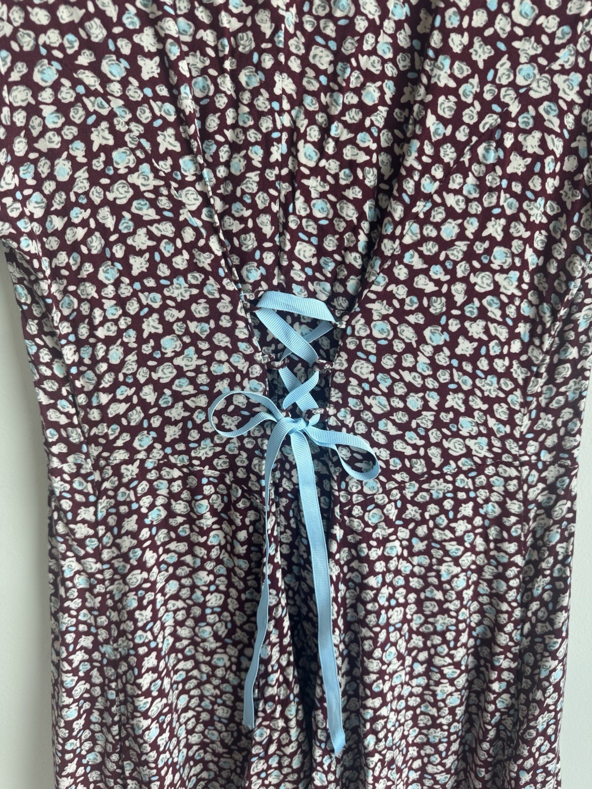 Vintage Y2K Mudd Floral ButtonFront Dress Corset Tie Back Pockets Burgundy Small