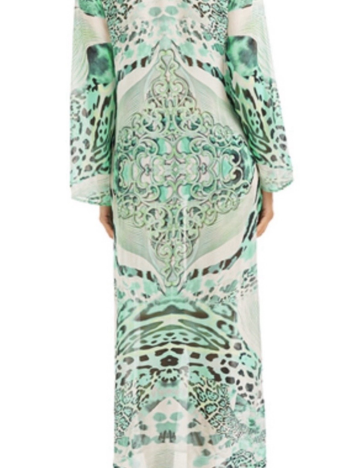 Elizabeth Hurley Beach Animal Print Silk Chiffon Tassel Kaftan Maxi S/M