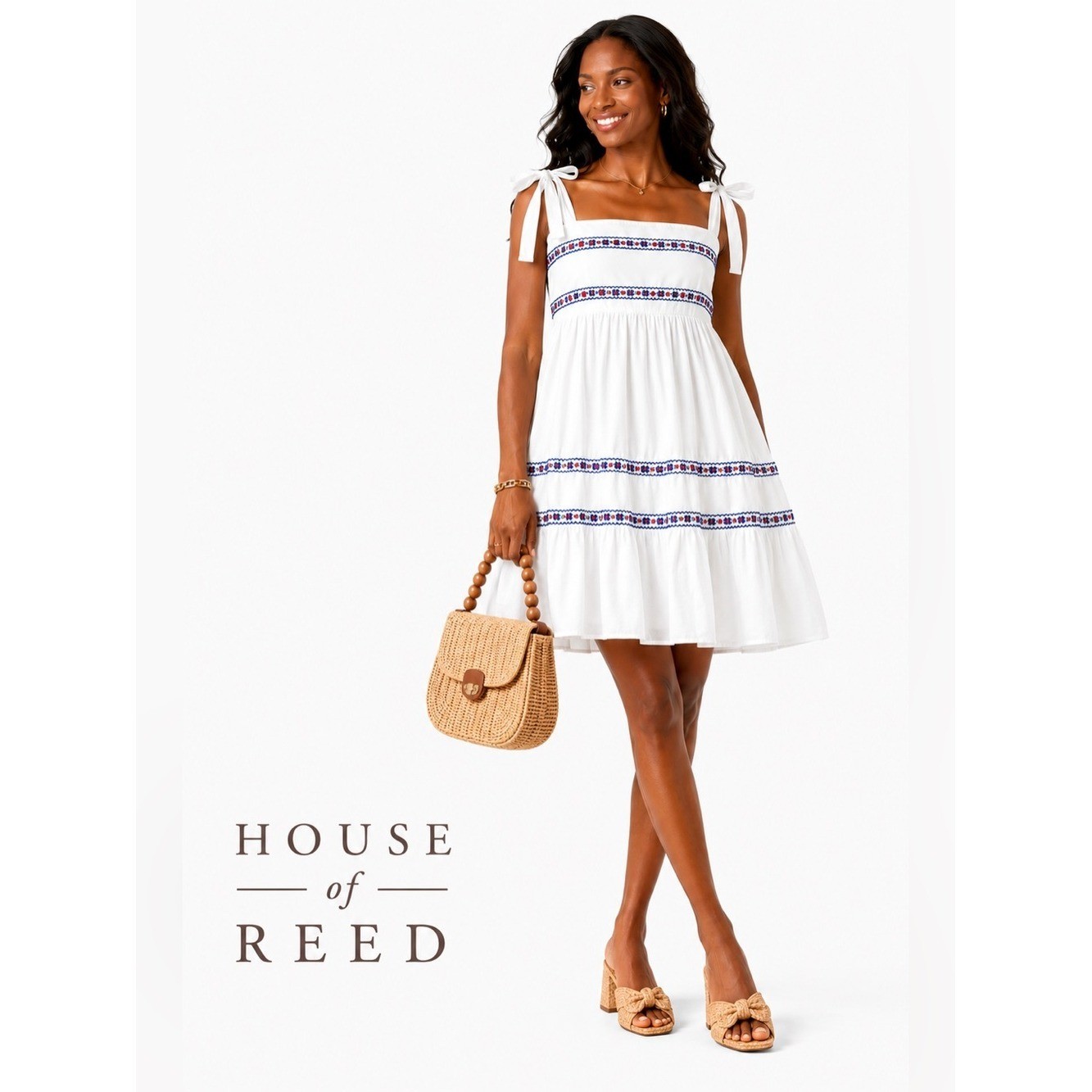 Hudson Gray White Embroidered Tie Shoulder Mini Dress Cottagecore Smocked Back