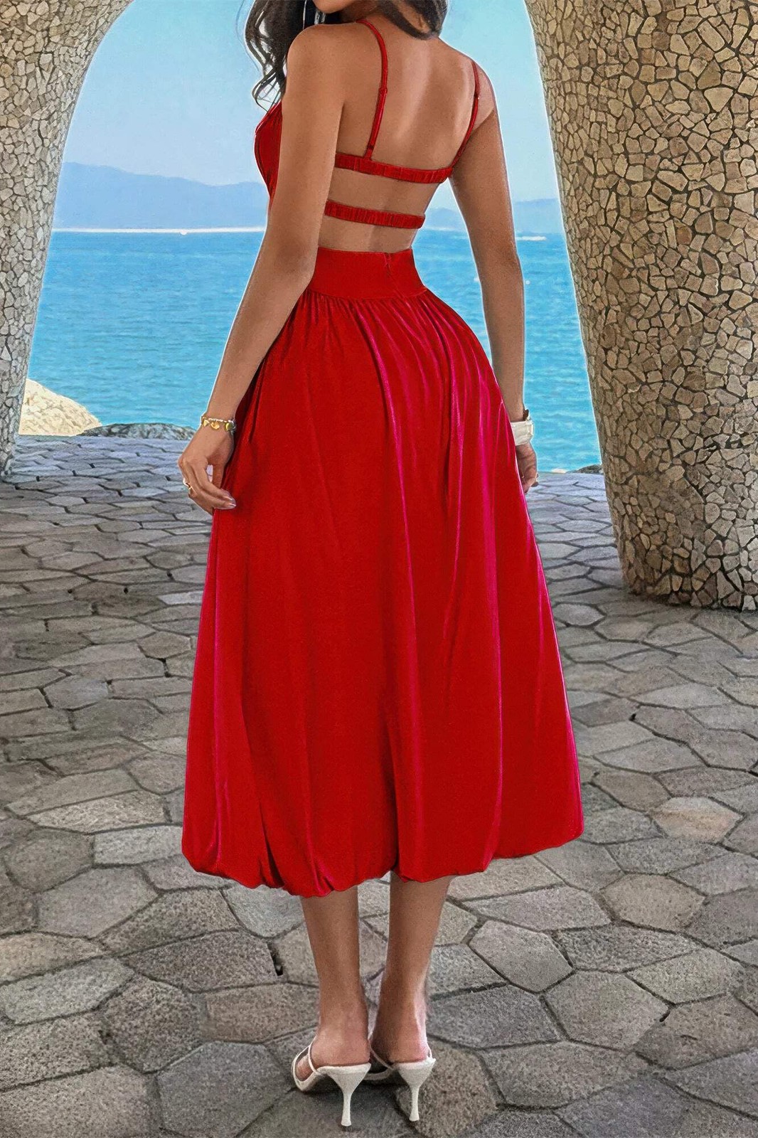 Women’s Square Neck Sleeveless Ruched Bust A-Line Midi Dress Open Back