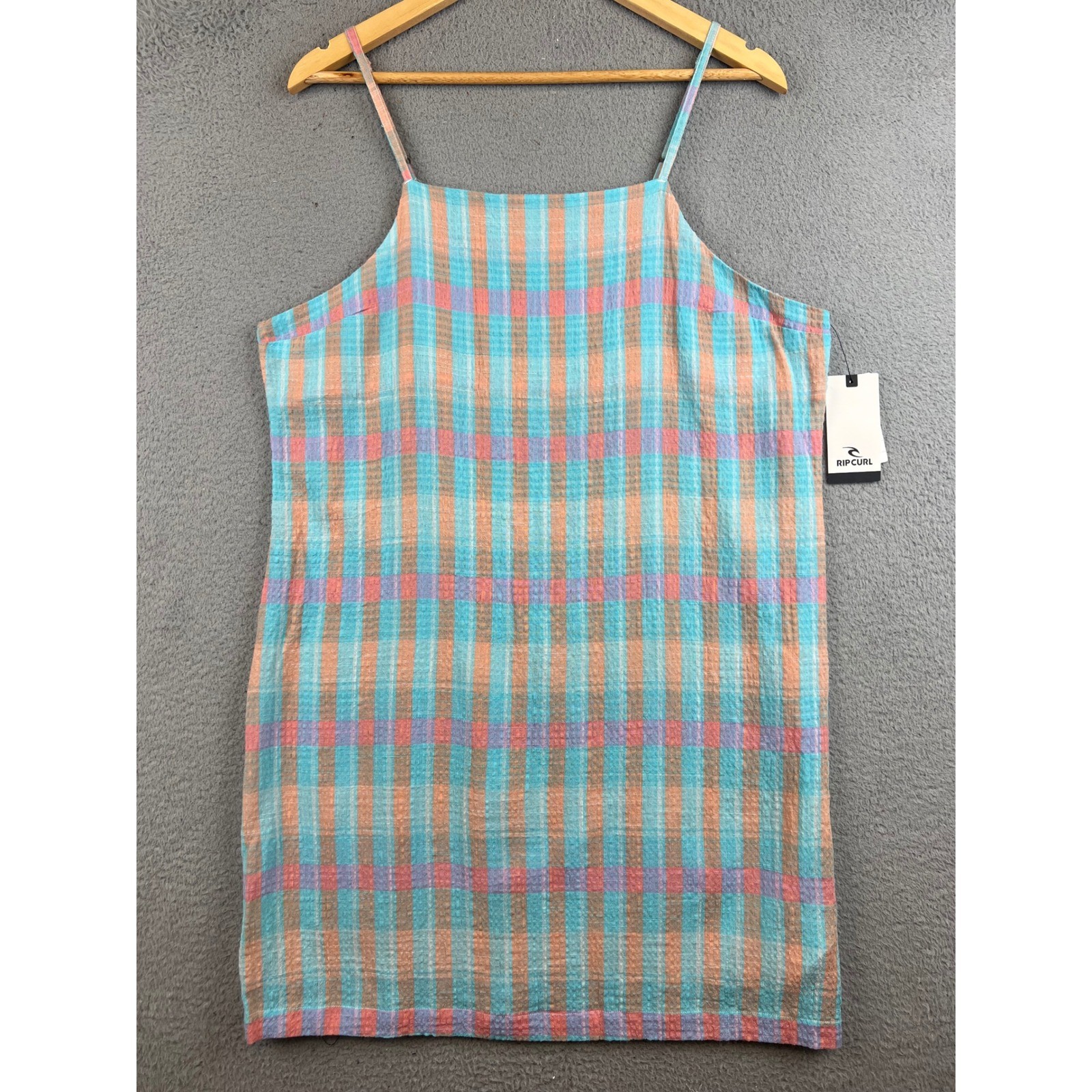 New Rip Curl Sun To Sea Check Mini Dress Blue Tangerine Plaid Seersucker Large