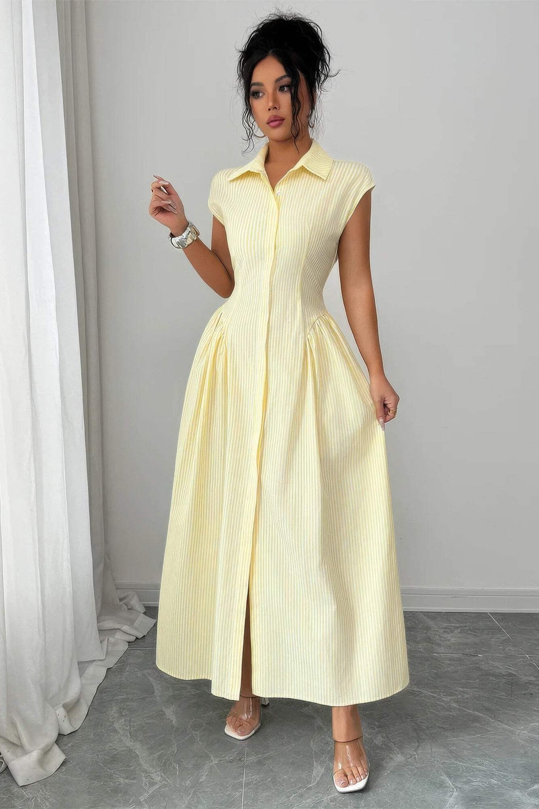 Women’s Yellow Collared Cap Sleeve Ruched Waist Striped Maxi Shirt Dress