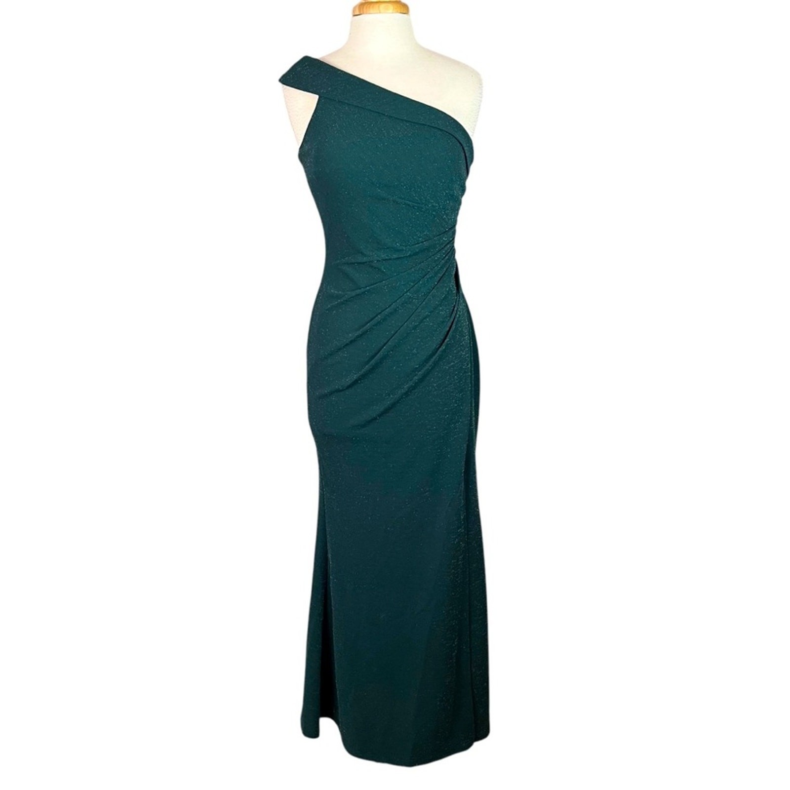 One Shoulder Ruched Green Evening Gown Women Medium Long Dress Wedding Guest
