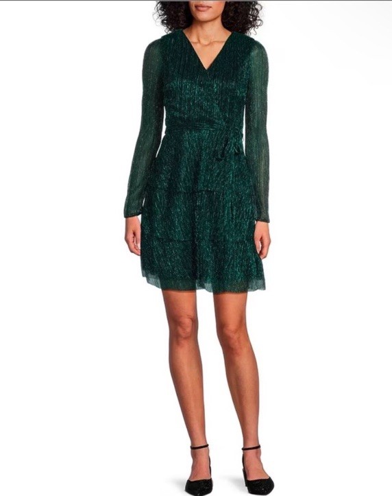 NEW Rachel Zoe Emerald Green Shimmer Metallic Wrap Dress Long Sleeve XL