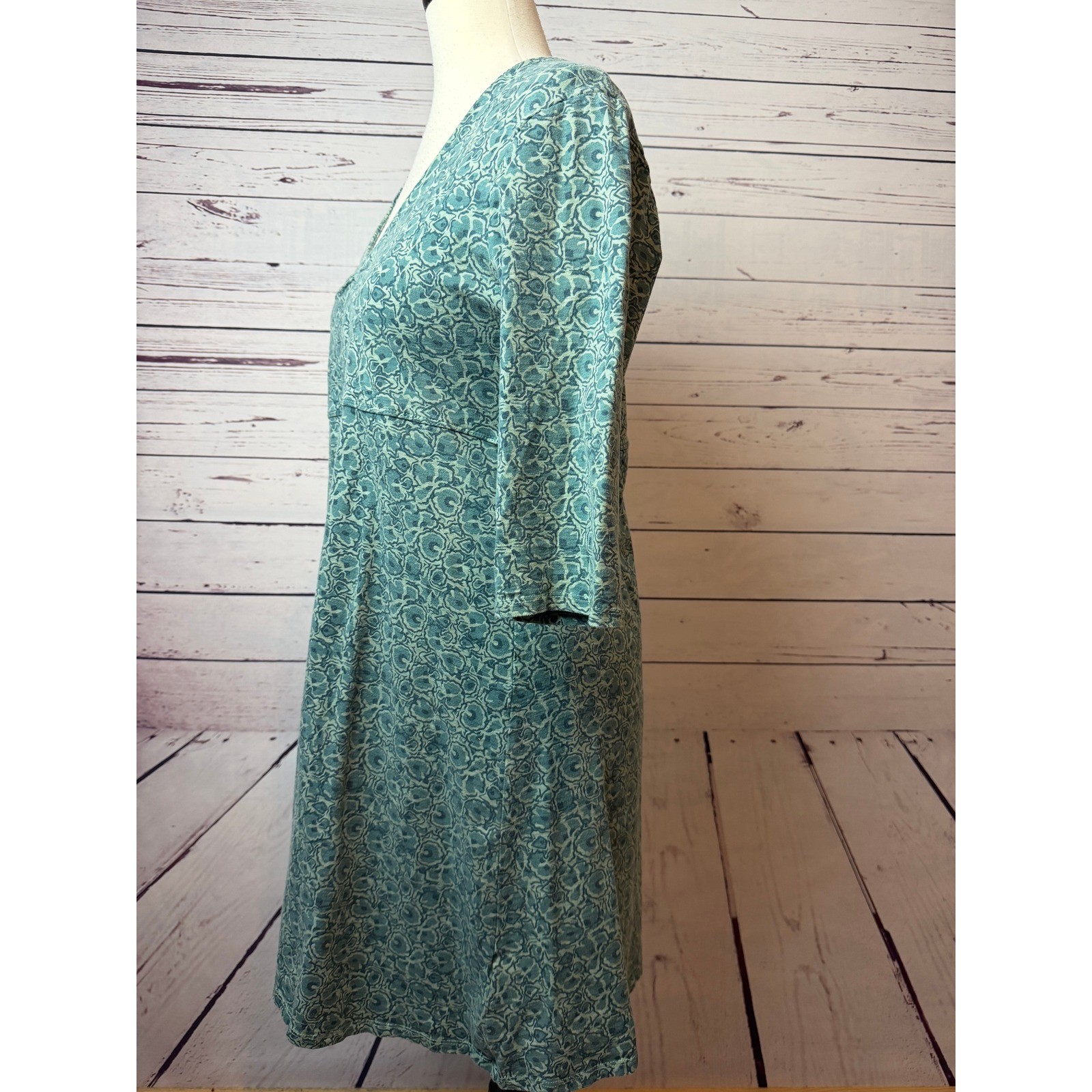 Toad&Co Rosalinda Dress Large Green Floral A-Line Knit Empire Waist Boho Ruched