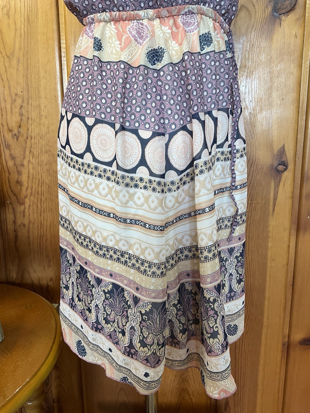 Medium Strapless Dress Purple Tan Paisley Boho Pattern Light Navy Blue Stripe