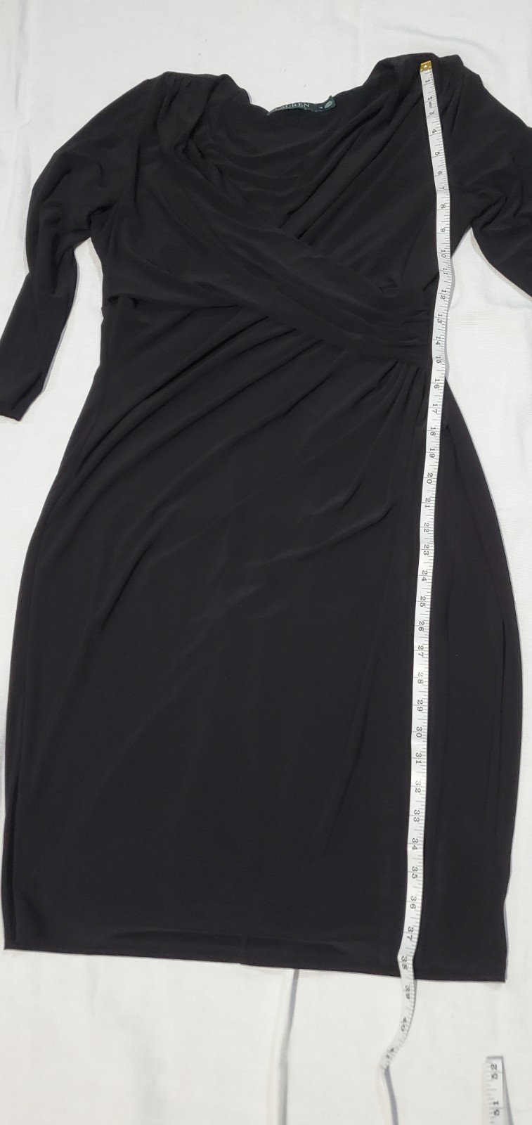 Lauren Ralph Lauren Black Sheath Long Sleeve V-Neck Ruched Dress SIZE 12