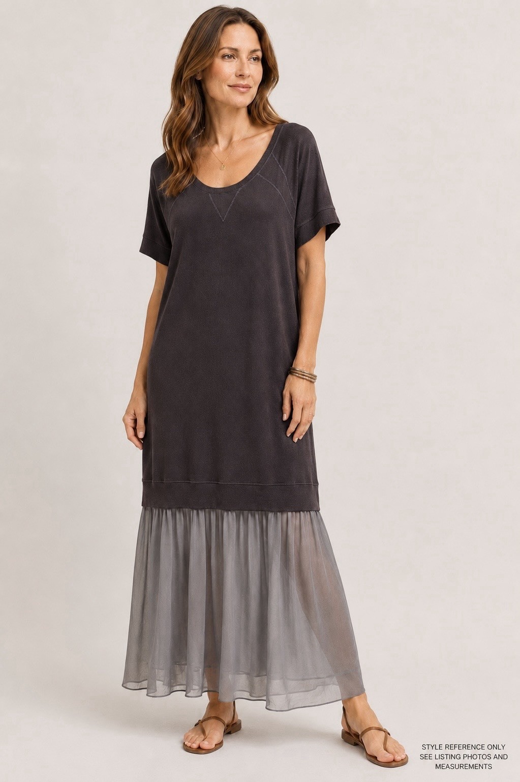 Heather Women Mixed Media Maxi Dress Size M Modal Silk Sheer Hem Lagenlook Artsy