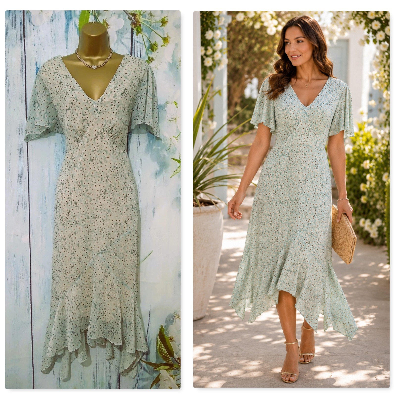 TU Floral Midi Dress Size 16 Aqua Green Angel Sleeve V-Neck floaty Occasion