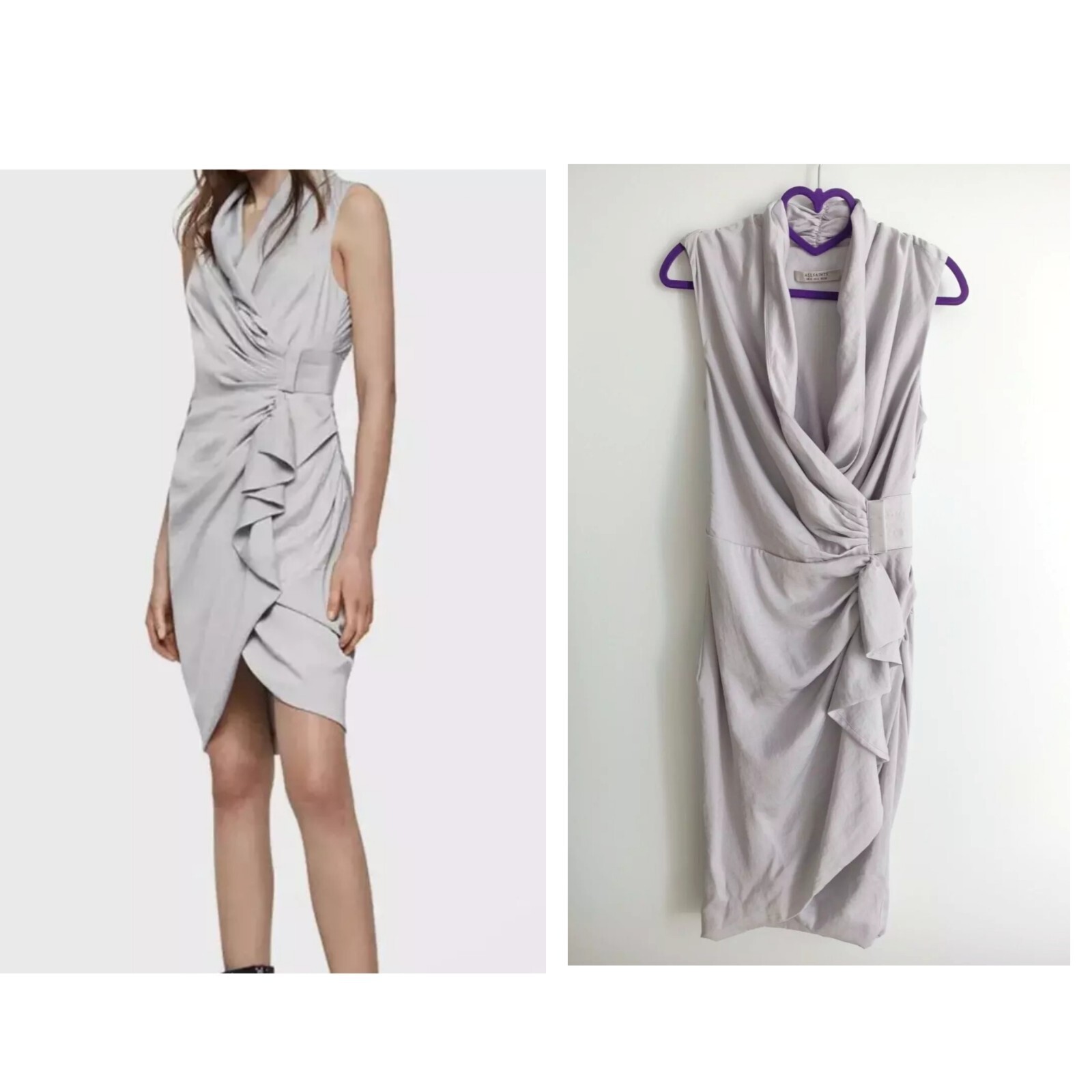 Allsaints Dress Wrap Around Cancity Party Occasion Gray Size UK 8 US 4 EU 36