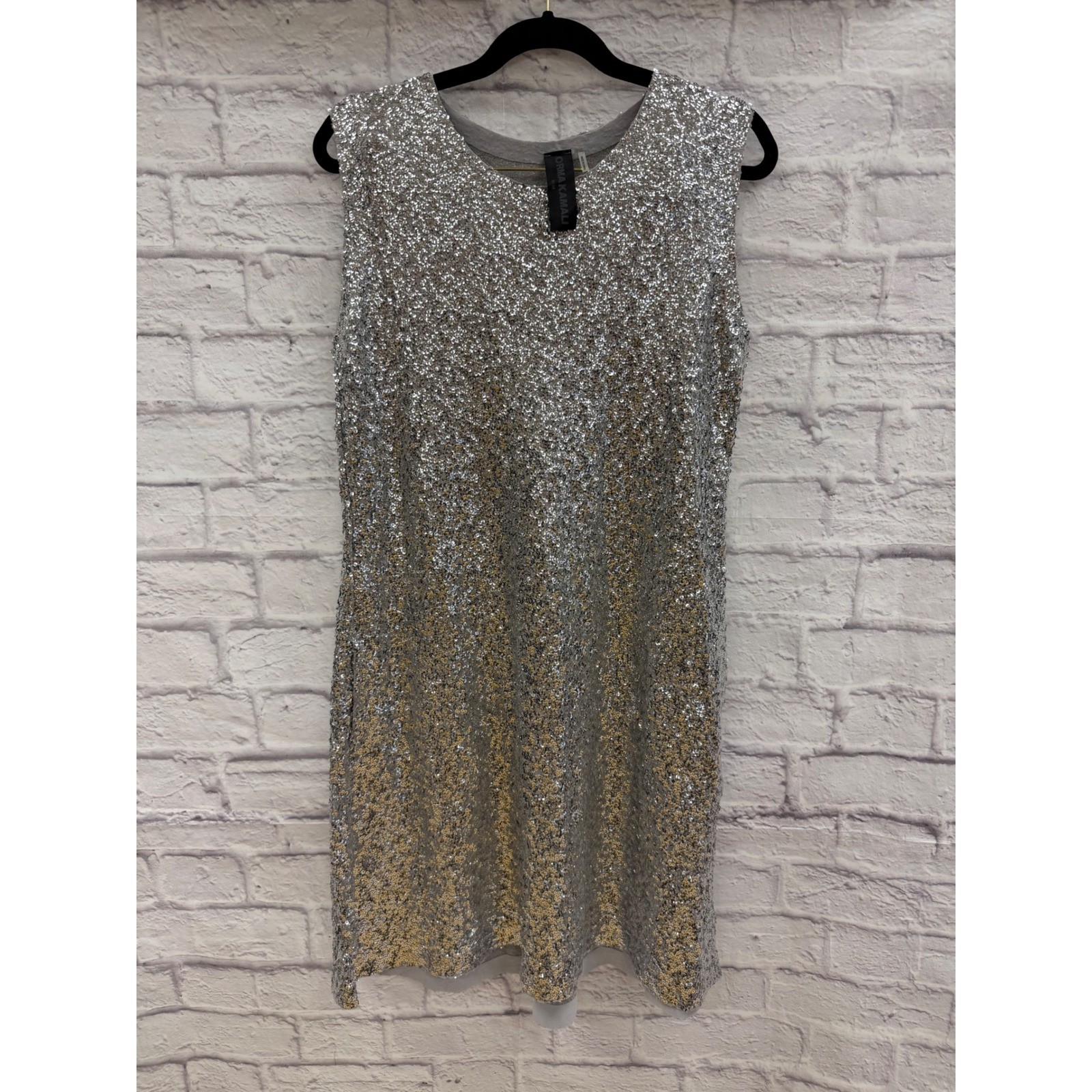Norma Kamali Silver Sequined Mini Dress Sleeveless Shift Party Glam Womens M/38