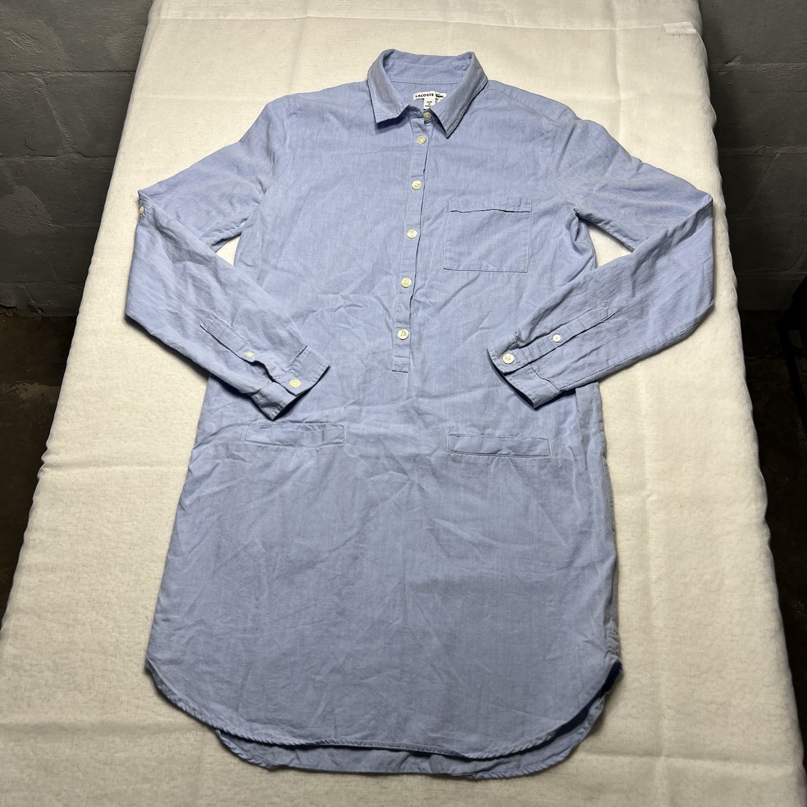 Lacoste Long Sleeve Half Button 100% Cotton Blue Tunic Dress Size 38 Women’s