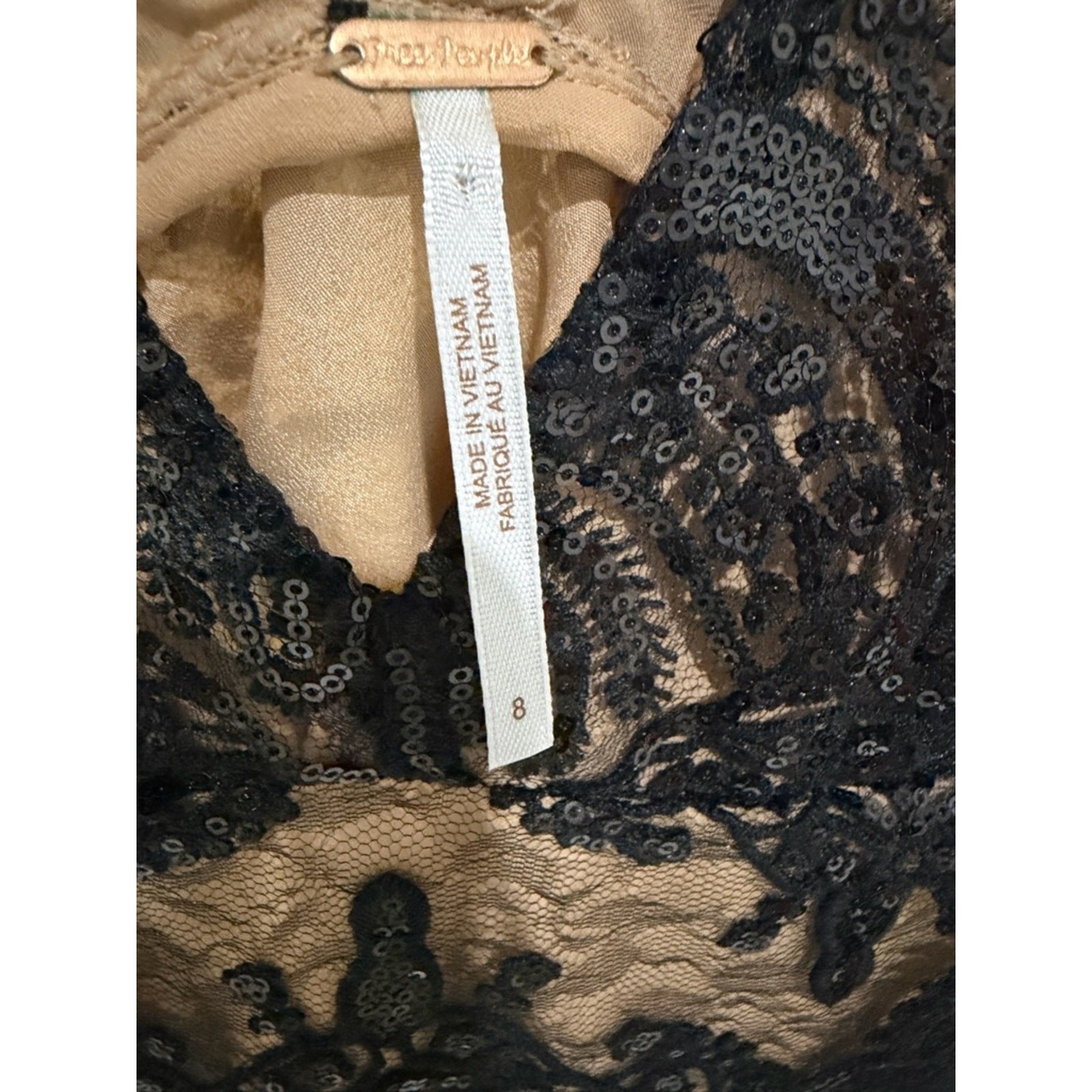 Free People Black Lace Overlay Midi Dress with Nude Slip | 8