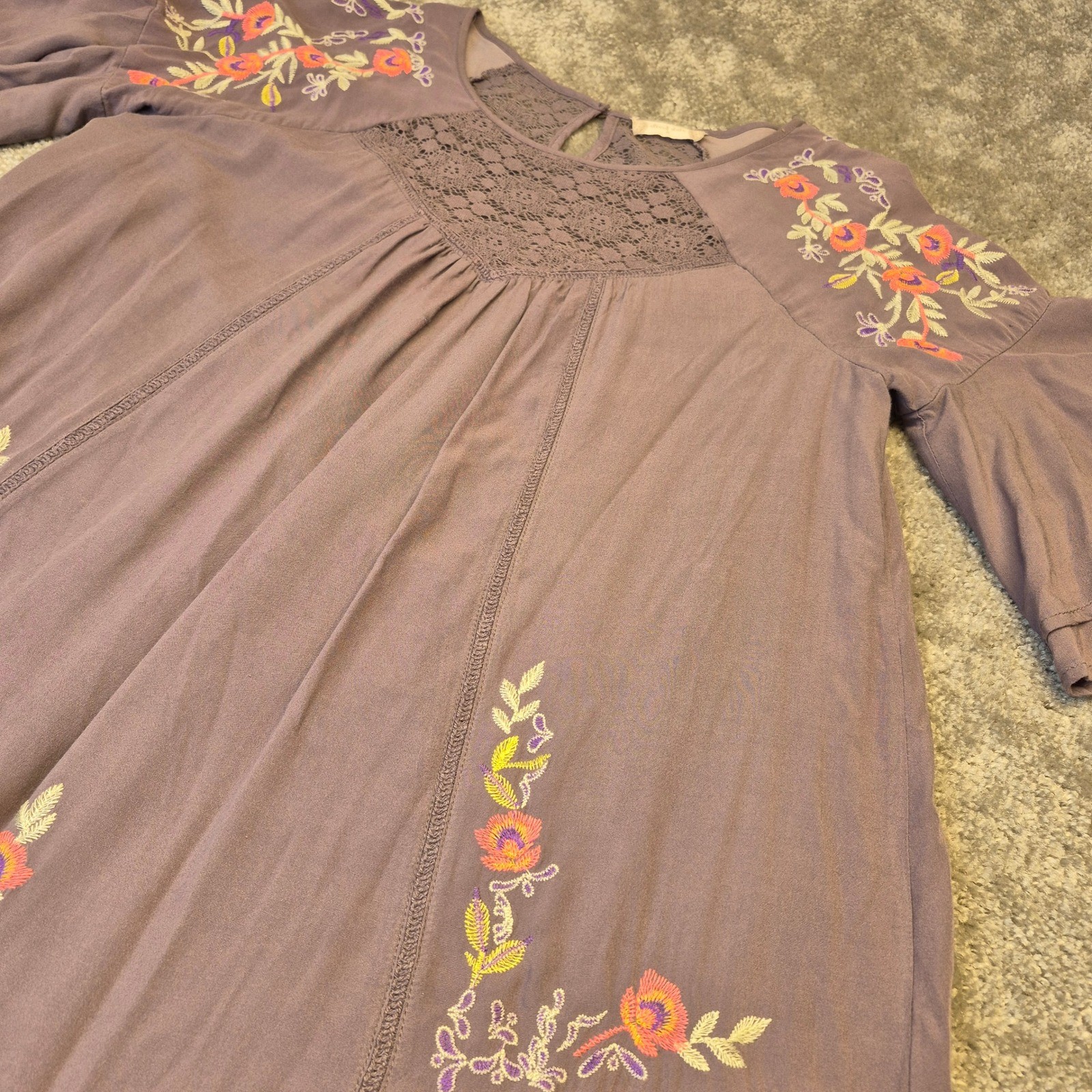 Altard State Womens Purple Floral Embroidered Boho Lace Bell Sleeve Dress M