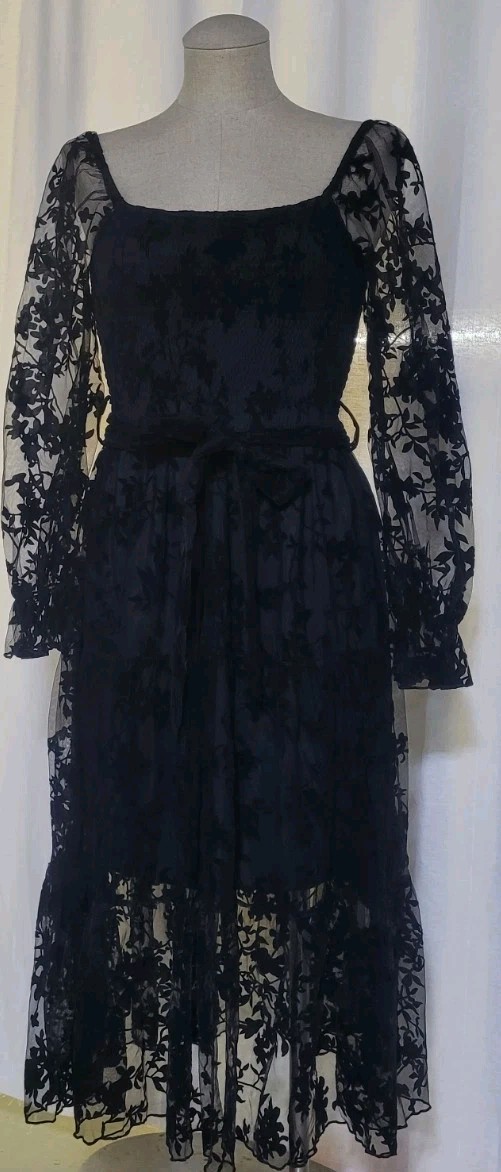 Sheer Black Burnout Velvet Mesh Overlay Whimsigoth Dress M Goth Milkmaid Fairy