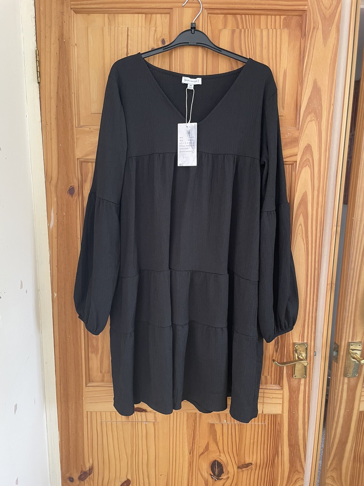 Warehouse Black Oversized Lagenlook Long Sleeve Tent Trapeze Dress Uk 14 New