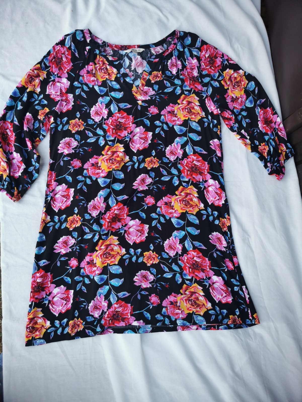 The Pioneer Woman Black Bright Floral Tunic Dress Rayon V-Neck Women’s Large