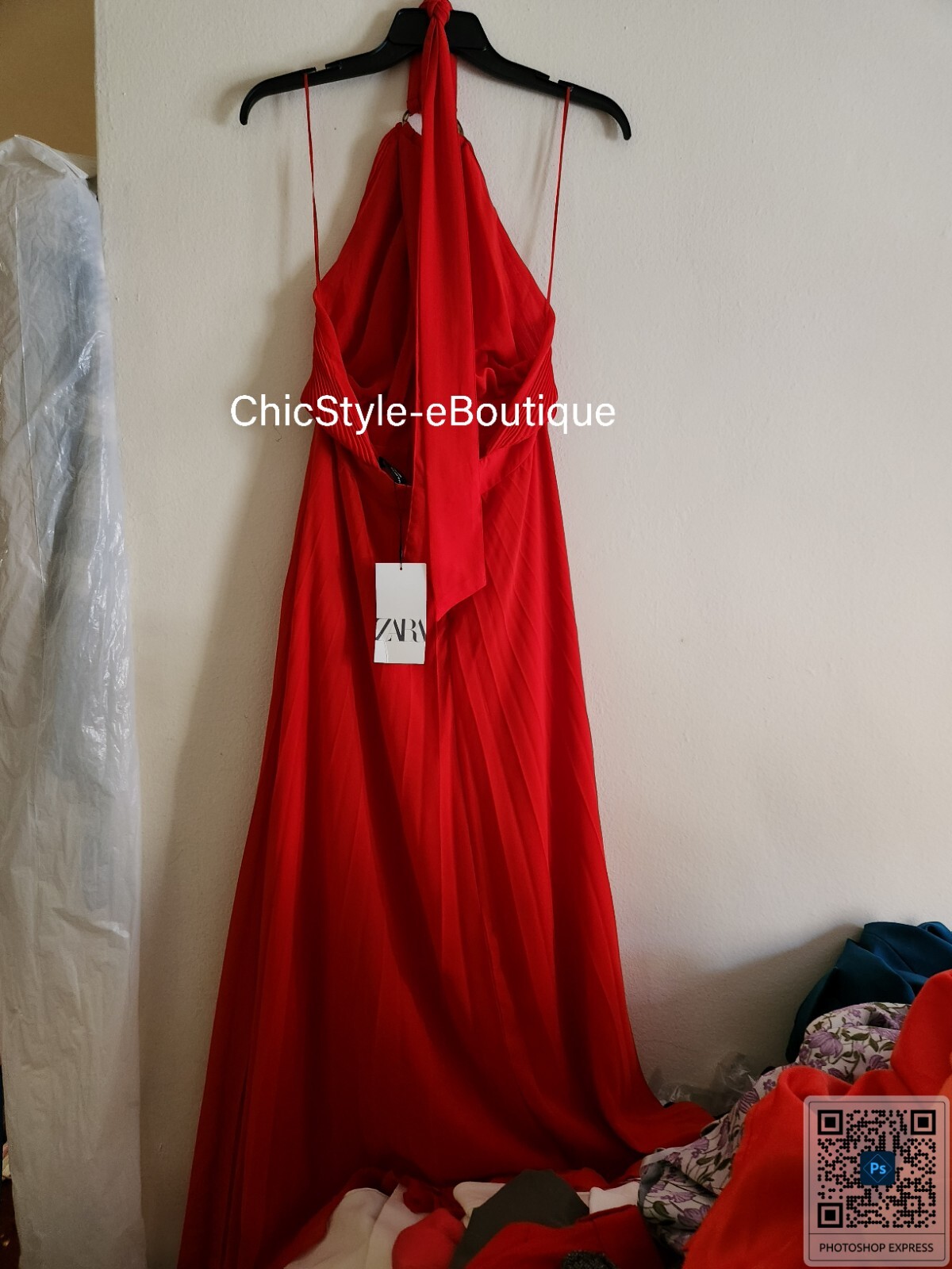 ZARA PLEATED HALTER DRESS Red GOLD BUCKLE sz XL BNWT
