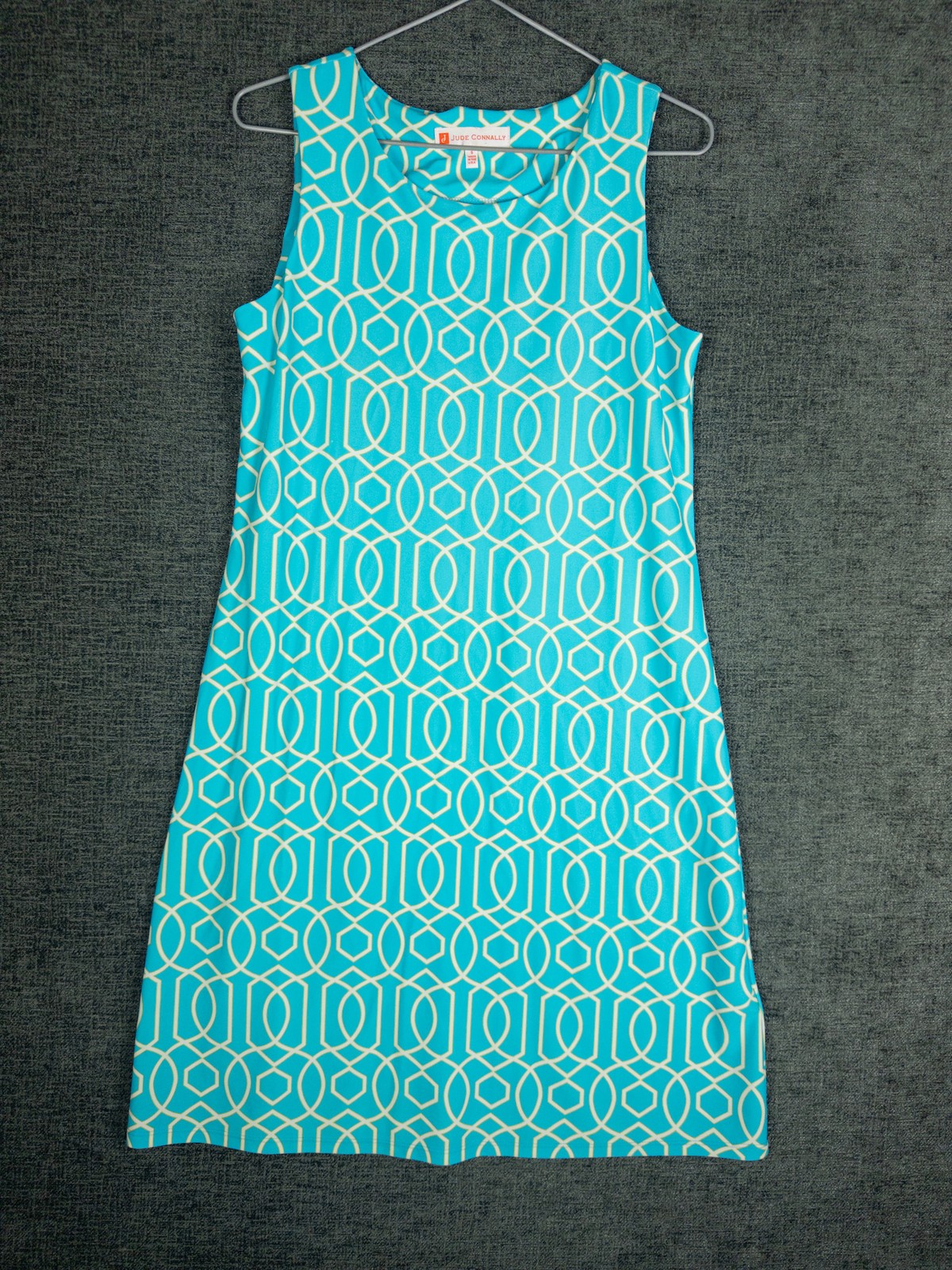 Jude Connally Shift Dress Womens S Turquoise Geometric Print Sleeveless Stretch