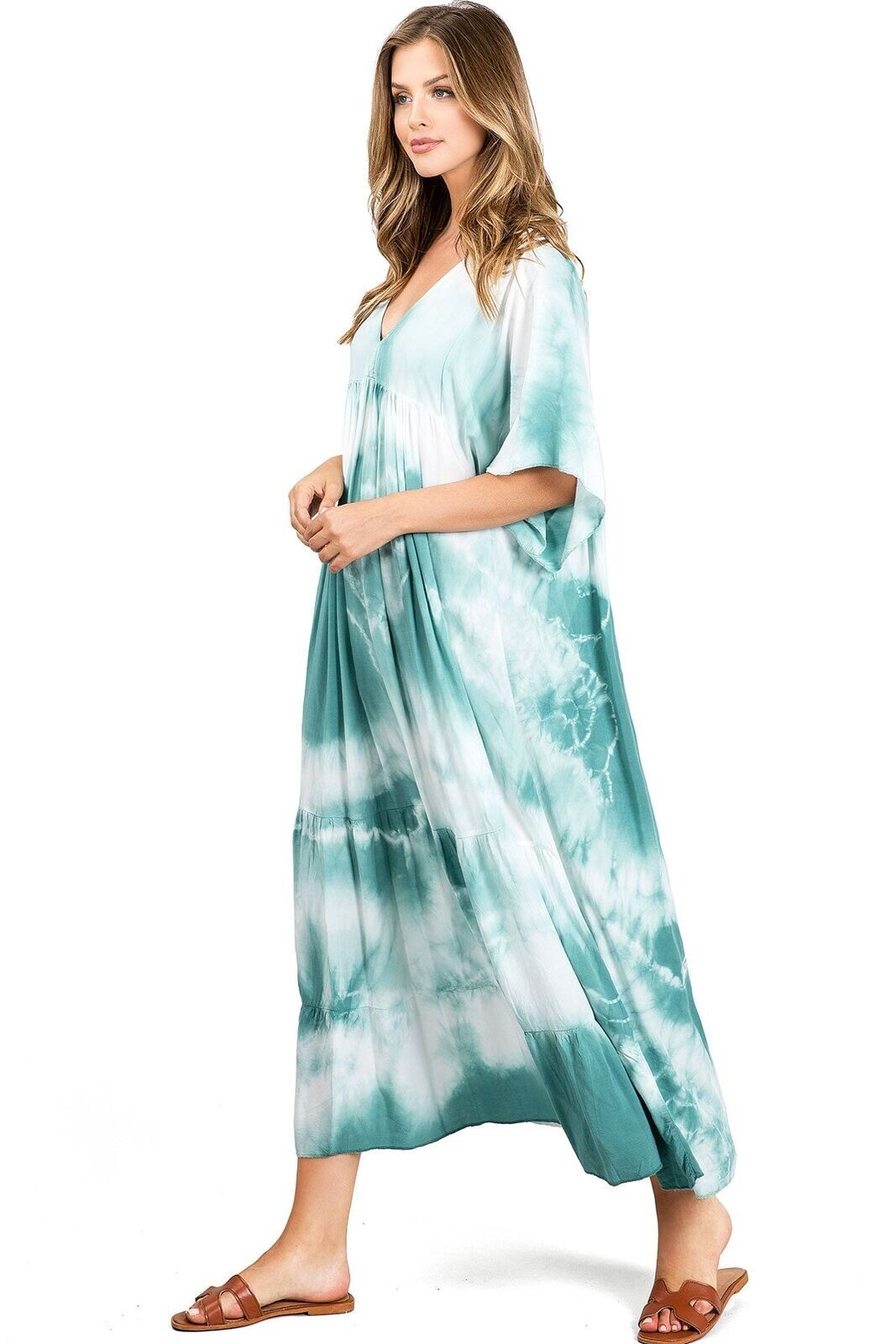 $78 Venti6 Casual Blue Tie Dye V-Neck Kaftan Dress for Beach, Travel-Size Small