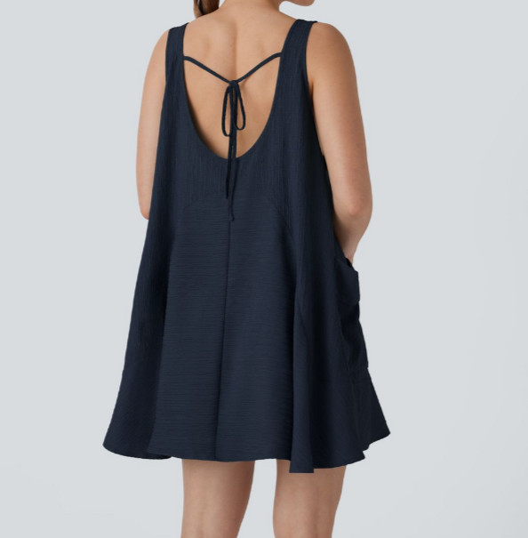 Halara Navy Textured Side Pocket Sleeveless Flowy Tunic Mini Dress Size Small