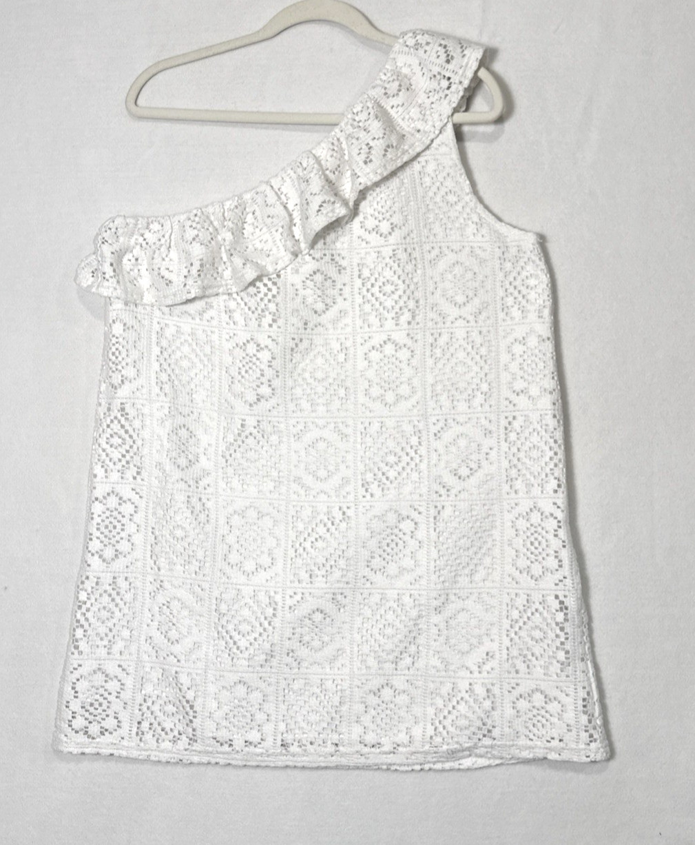 Pink Lily White One Shoulder Ruffle Crochet Lace Mini Dress Sz M Coquette Resort