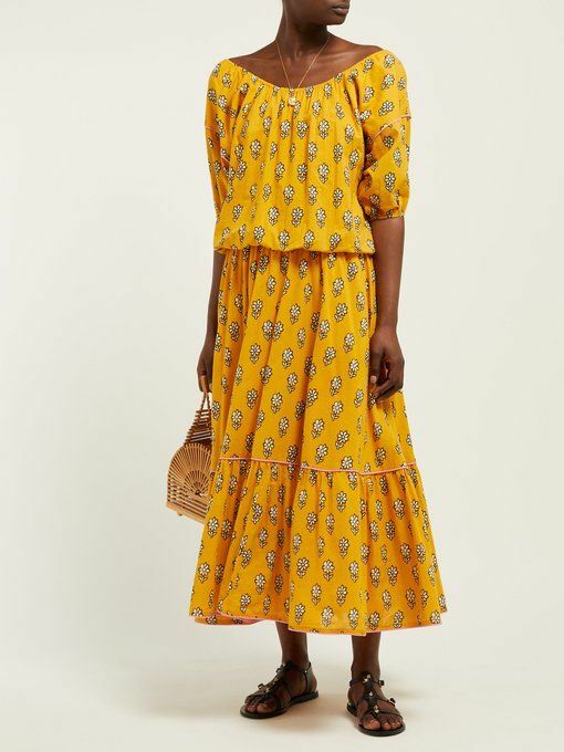Rhode Resort Frida Printed Midi Dress Floral Off The Shoulder Vacation M 231156