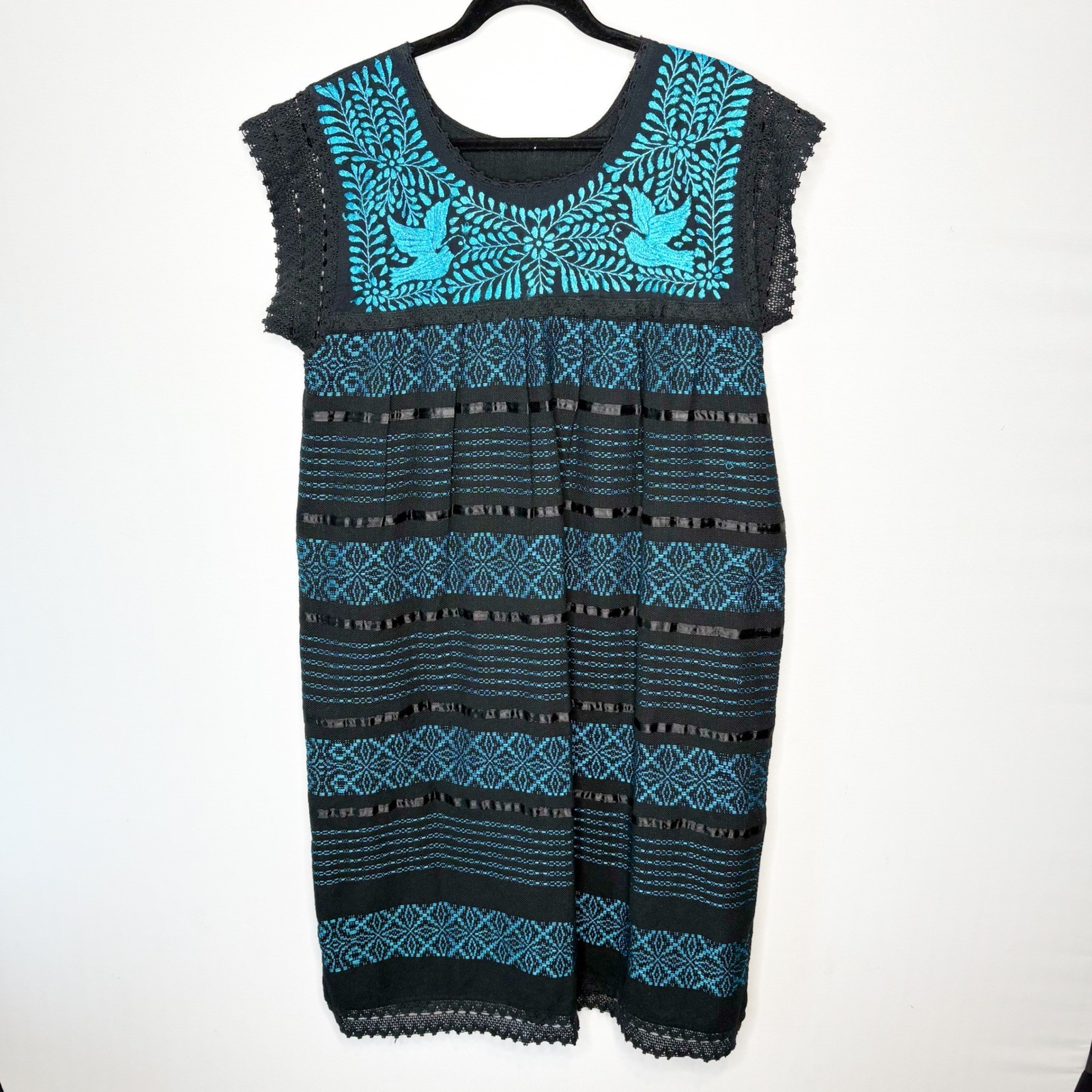 Vintage Mexican Embroidered Huipil Dress Black Turquoise Bird Floral Boho Size L