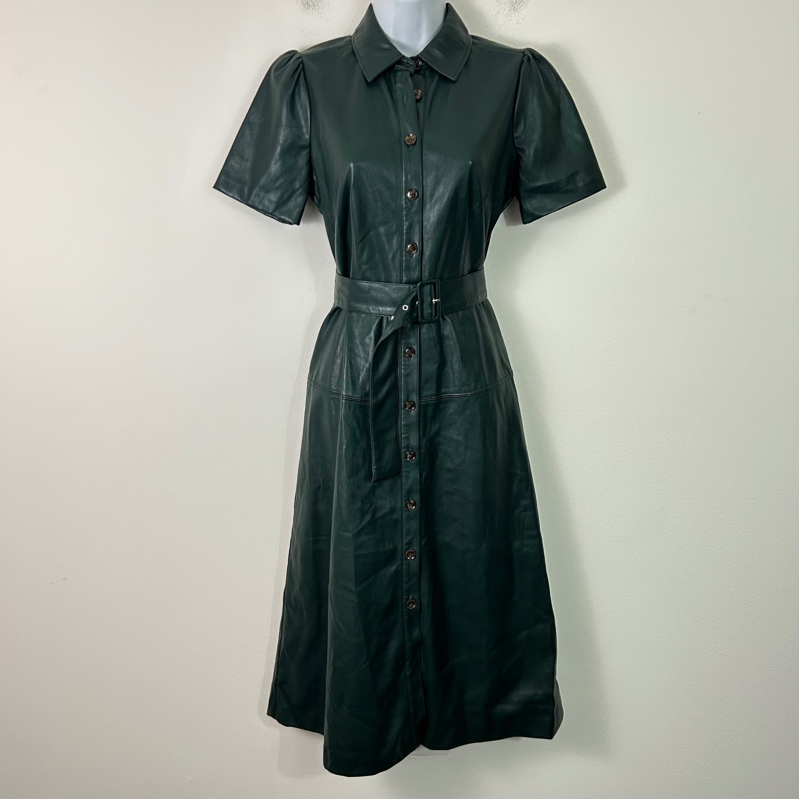 NEW Ann Taylor Petite Green Faux Leather Belted Midi Shirt Dress 6P