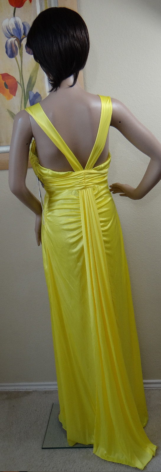 NEW W DEFECT MY MICHELLE wide strap yellow bead sweep train prom dress,jr 5,9