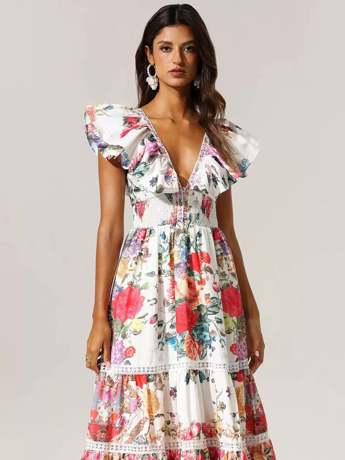 Camilla Silk V Neck Floral A Line Maxi Dress