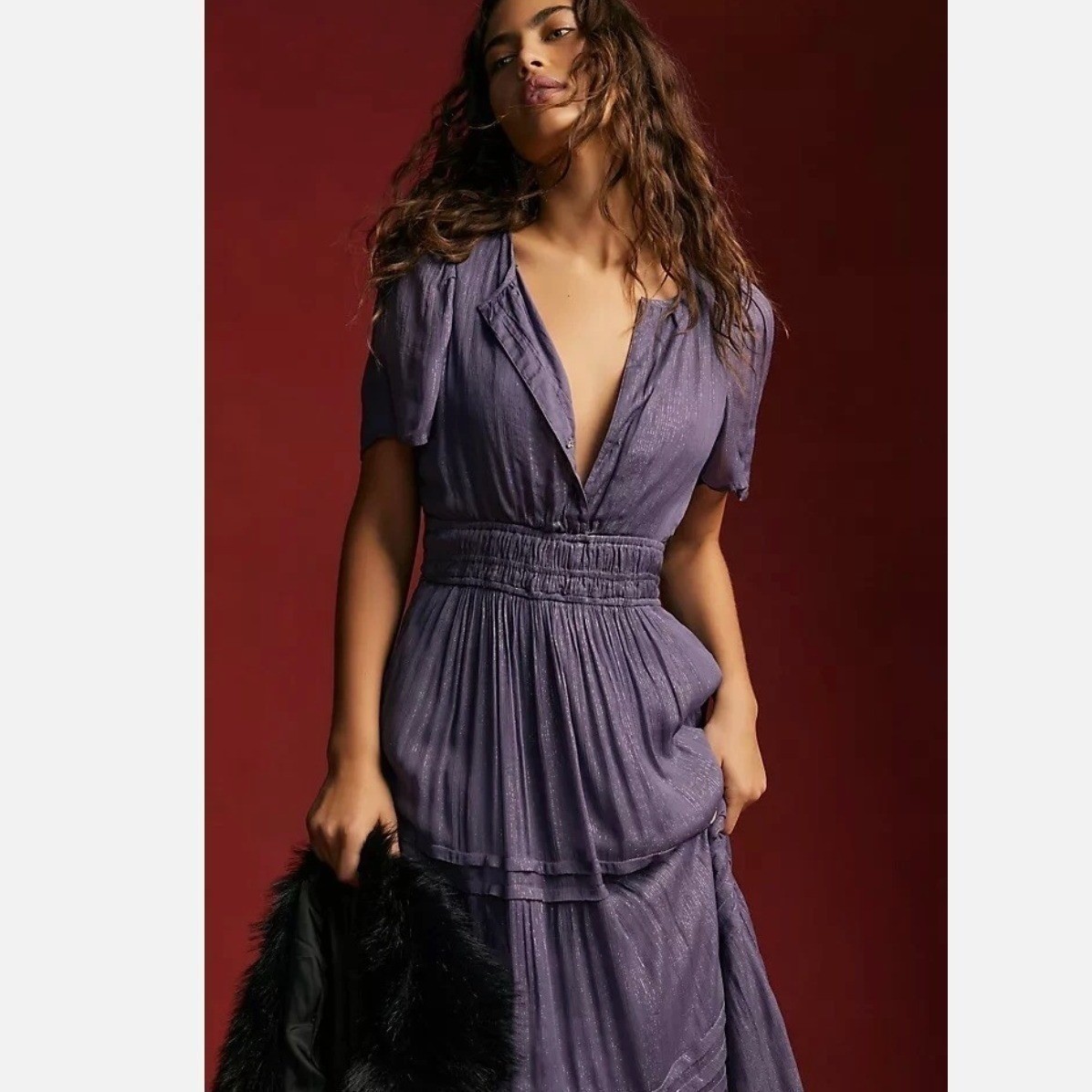 Anthropologie Somerset Purple Lurex Metallic Maxi Dress Petite Small Whimsigoth