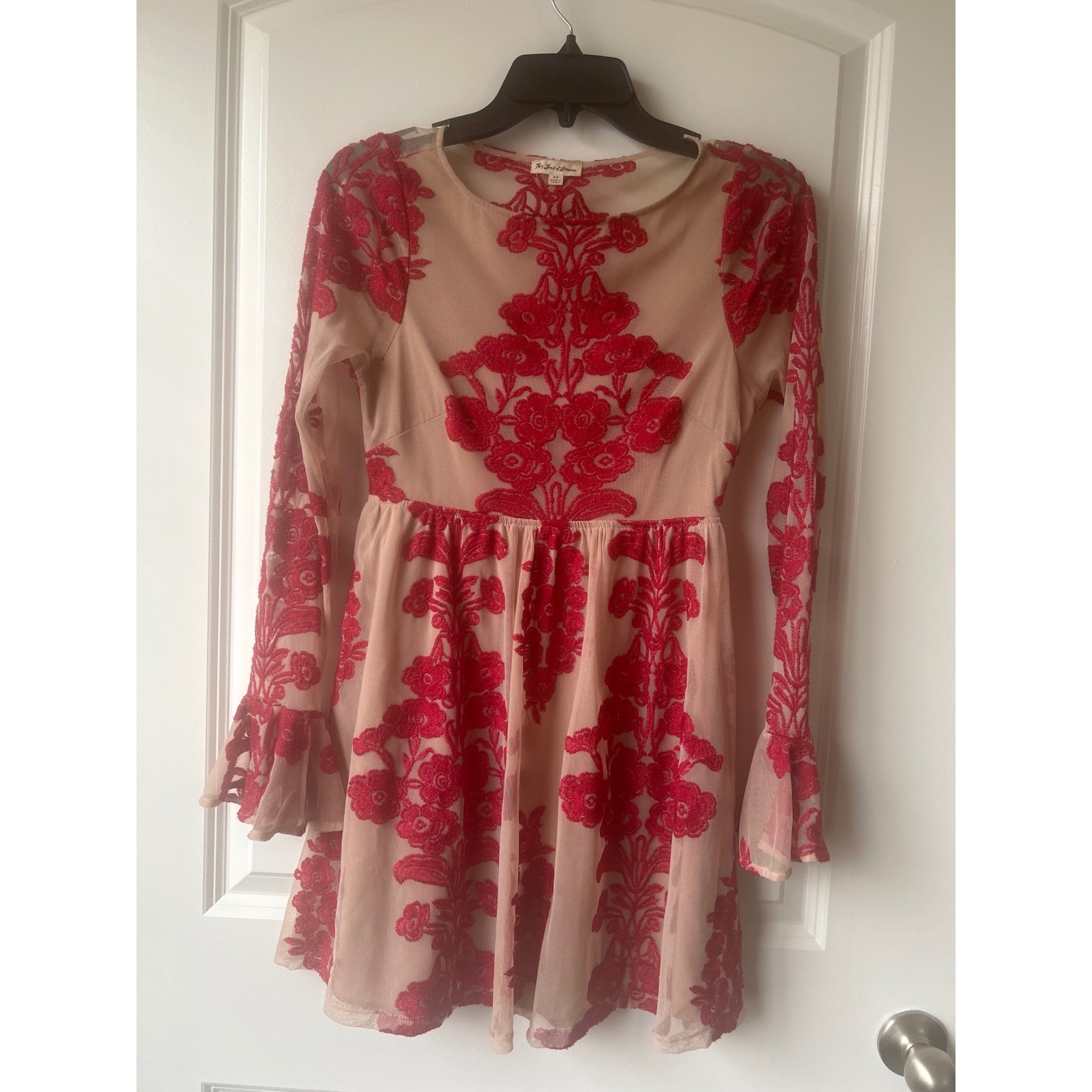 For Love & Lemons Temecula Embroidered Mini Dress Red Sand Bell Sleeve XS