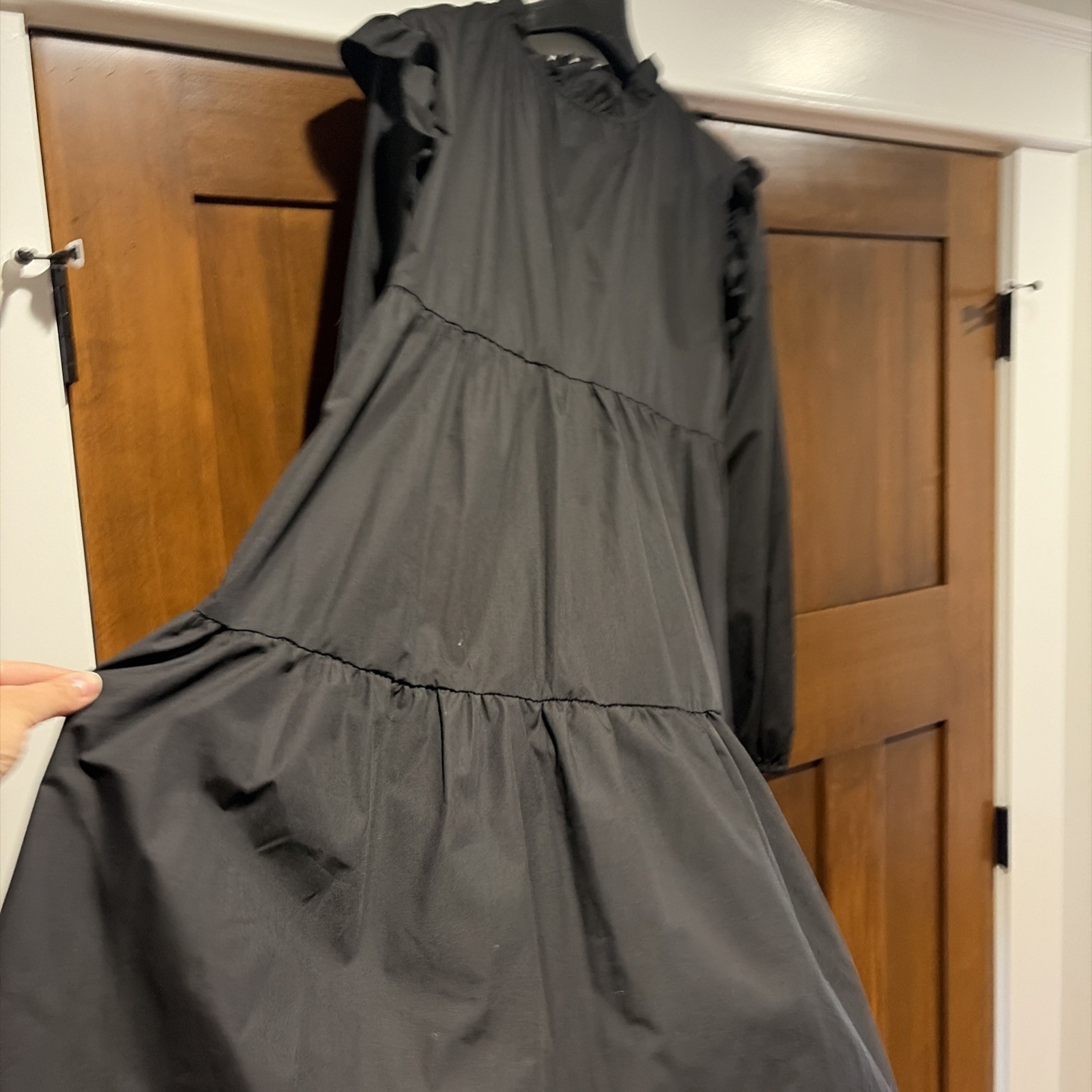 Black Long Sleeve Fall/Winter Knee Length Ruffle Dress