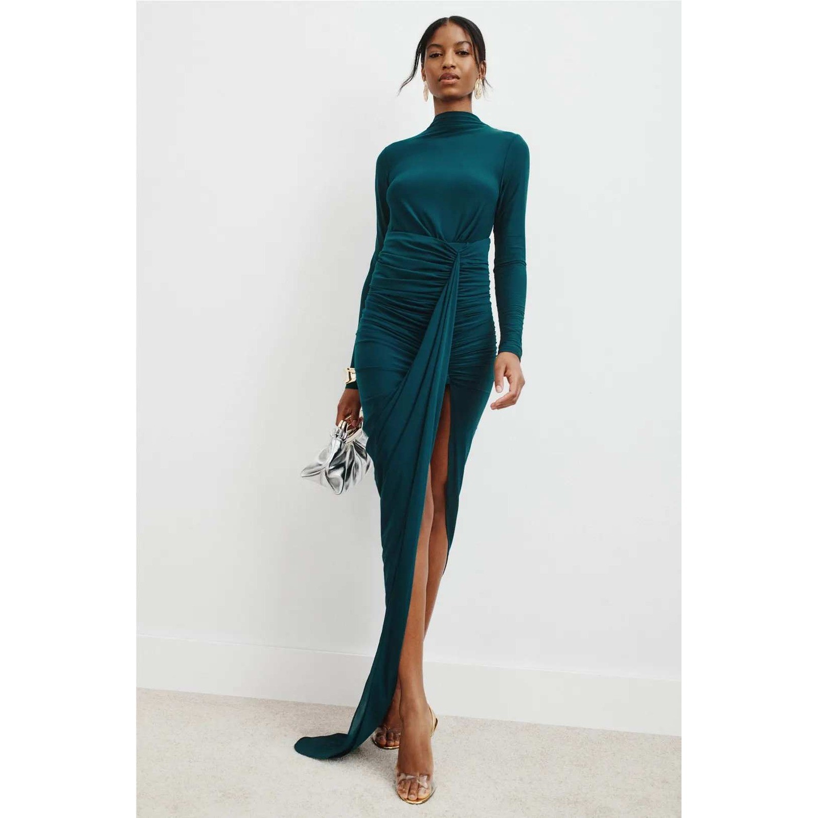 RONNY KOBO Sera Dress Teal Ruched High Neck Long Sleeve Maxi Dress With Slit