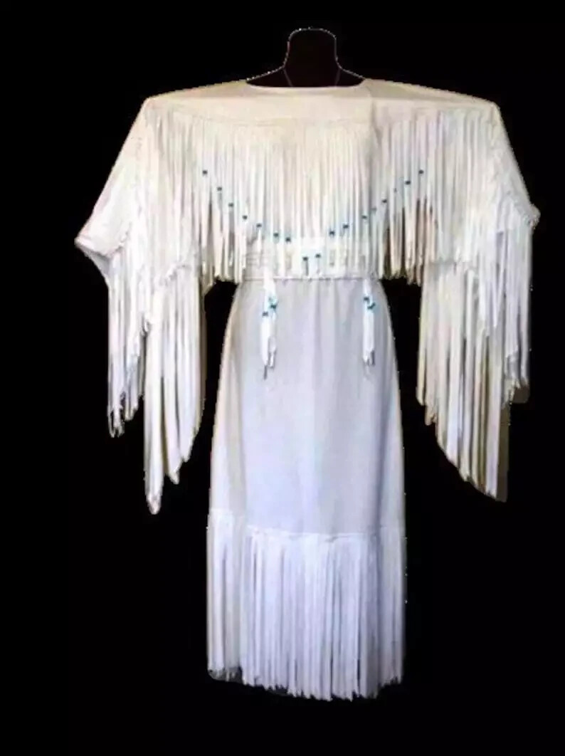 Women’s White Leather Long Fringes Beaded Wedding Dress Powwow Regalia Maxi Coat