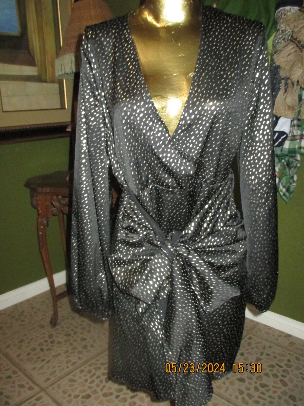 NEW COTTON POLY BLACK&GOLD SPECK MINI DRESS! CROSS OVER TOP WIDE TIE BOW SIZE XL