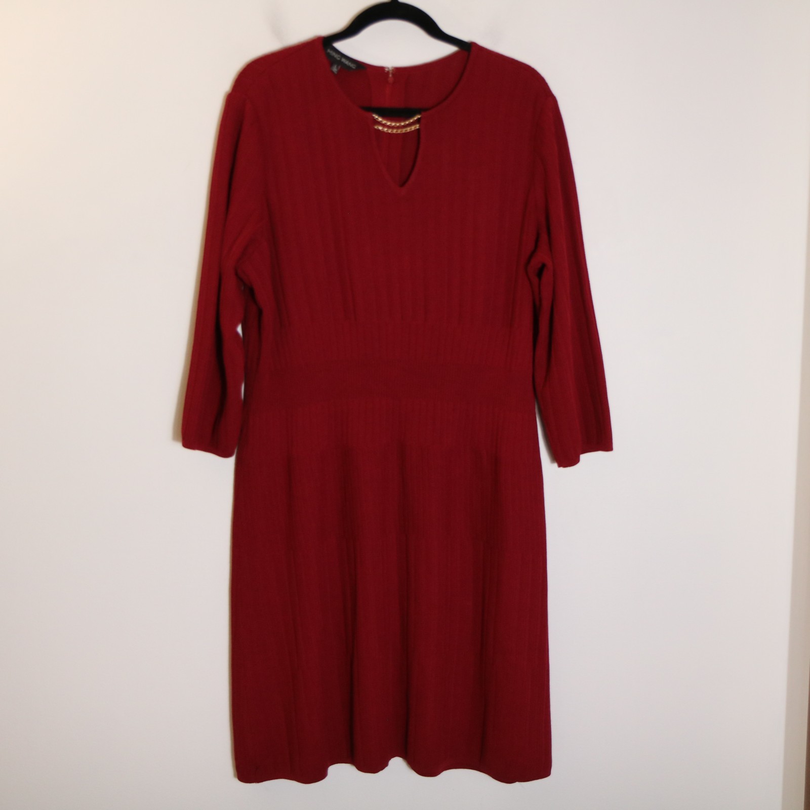 Ming Wang Red Stretch Knit Dress Womens Large Gold Chain Neck Classic Holiday