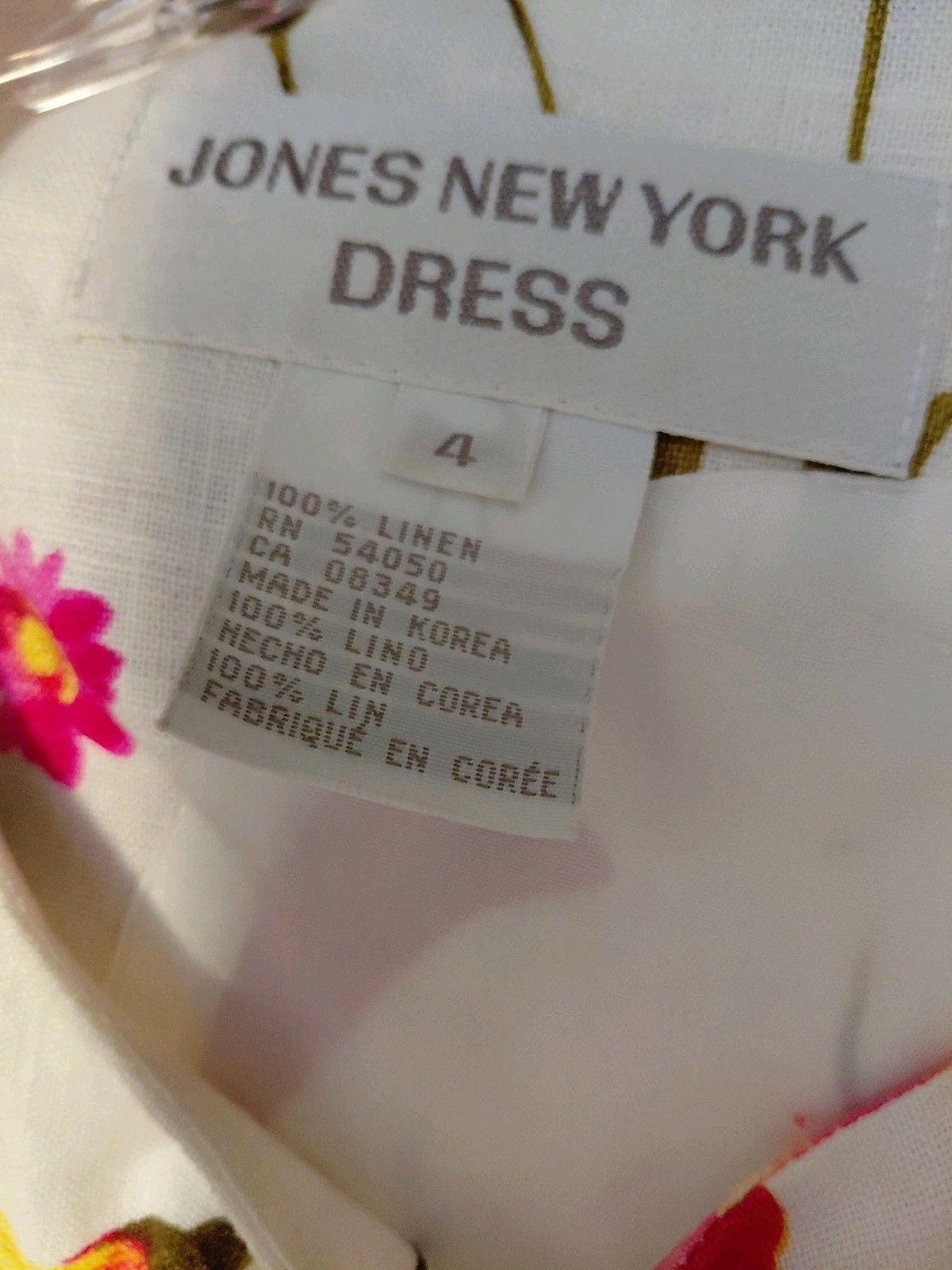 Jones New York 100% Linen Floral Shift Dress Sleeveless White Pink Yellow 4