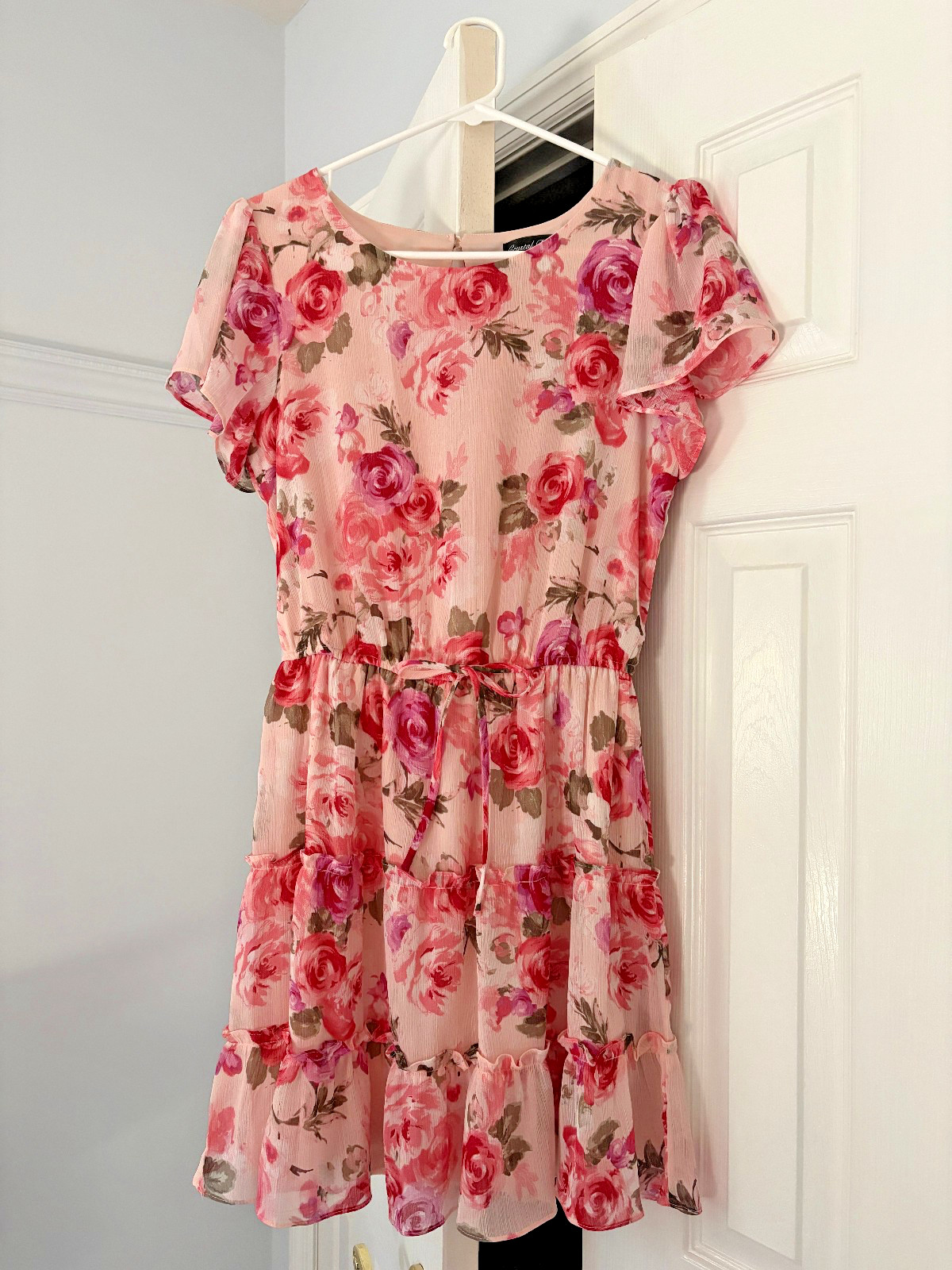 Crystal Doll: Pink – Floral Rose – Flutter Sleeve – Mini Dress – Size: S